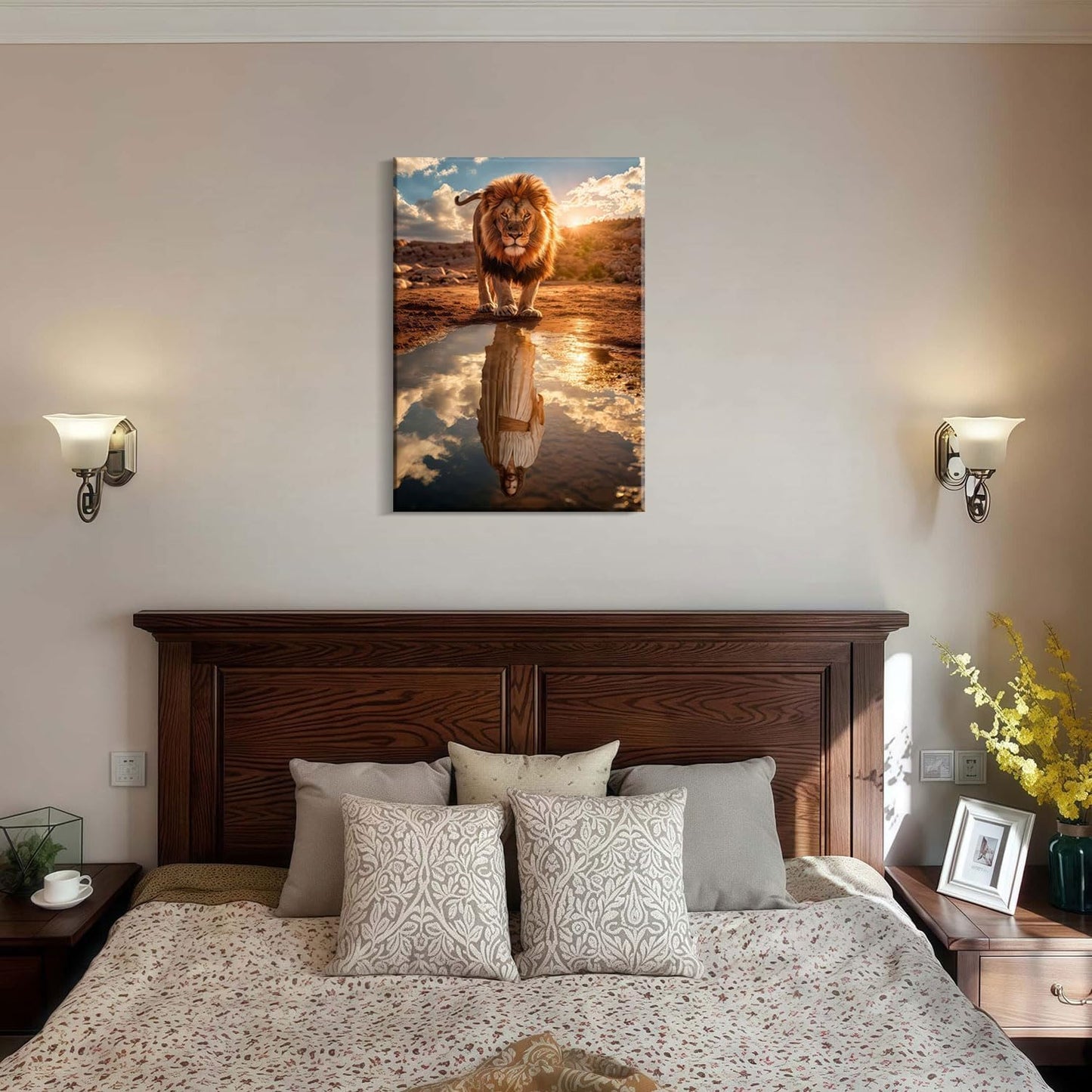 Framed Canvas Wall Painting Lion and Jesus Reflection Religious Poster Inspirational Faith Gallery Picture Print for Living Room and Bedroom Decor 16x24 Inch Ready to Hang