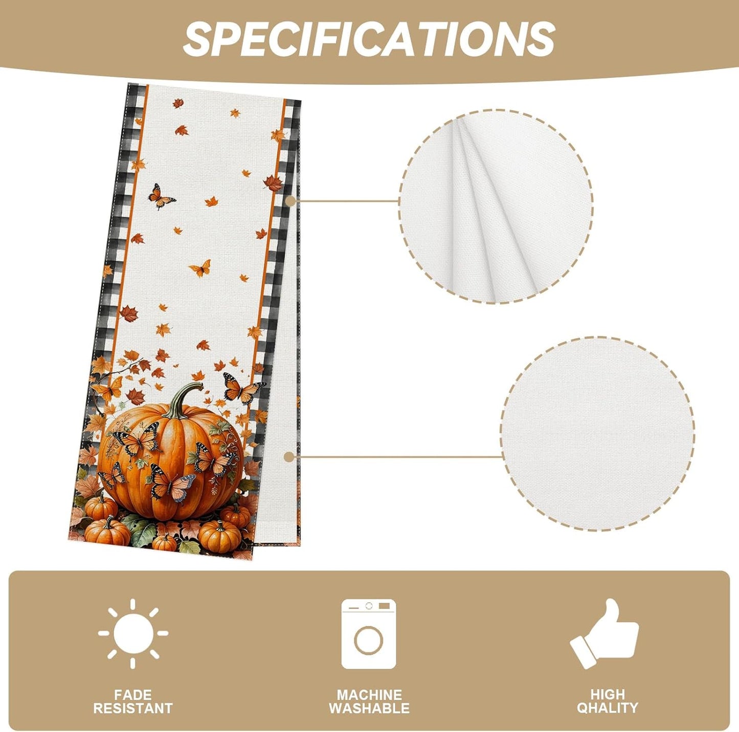 Linen Black and White Buffalo Check Plaid Fall Table Runner 60 Inches Long, Fall Leaves Pumpkin Butterfly Home Kitchen Table Decor, Farmhouse Autumn Thanksgiving Harvest Festival Decorations for Home