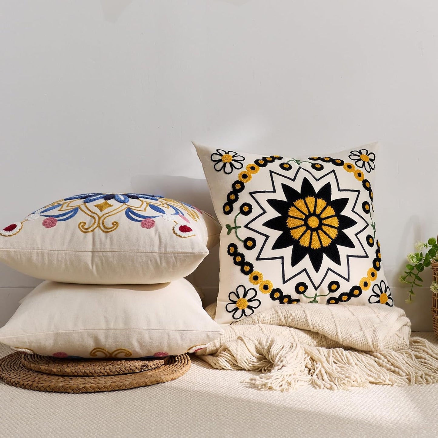 Embroidered Throw Pillow Cover 18x18 Classic Boho Floral Pattern Pillows Cover Outdoor Decorative Pillowcase,Durable Cozy Textured Cushion Case for Sofa Couch Bed Living Room,Black Orange