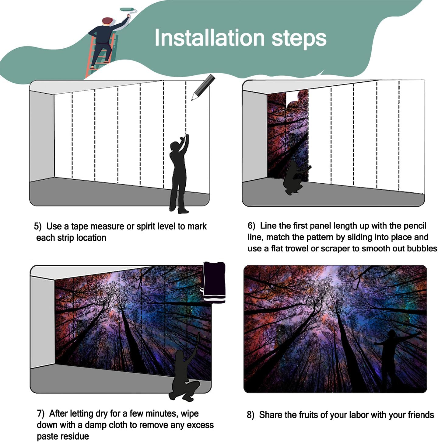 -Colorful Forest Beautiful Starry Tree Branches Wallpaper Bedroom XT14 L 180" x 115"