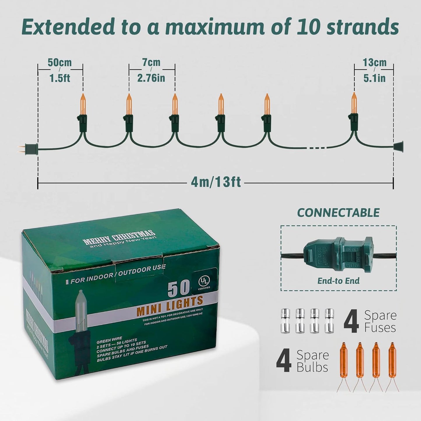 woohaha Outdoor Halloween Lights, 2PACK 13ft 50 Count Incandescent Blubs & Green Wire Mini Lights, 120 V High-Voltage Connectable Light String, for Indoor Patio Garden Tree Party Decoration, Orange