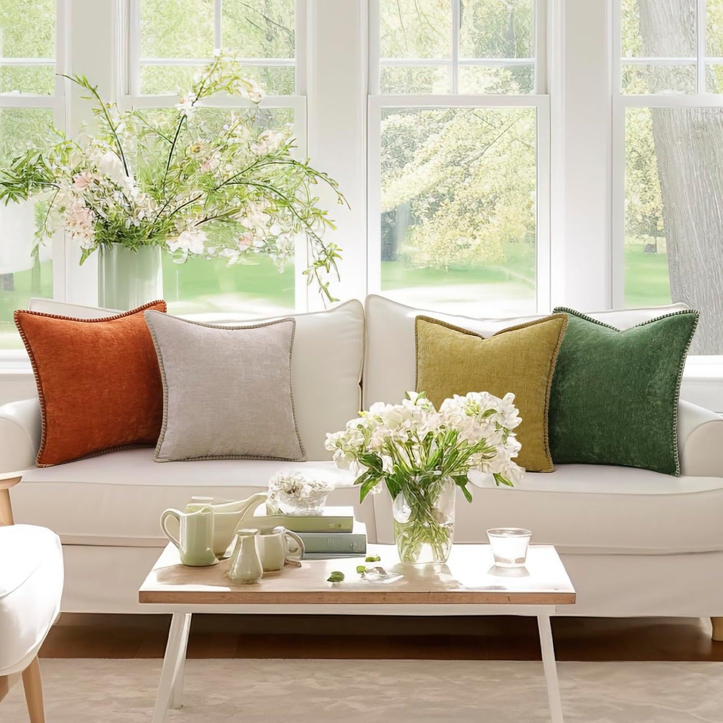 decorUhome Chenille Soft Throw Pillow Covers 18x18 Set of 2, Farmhouse Velvet Neutral Decorative Euro Pillow Covers with Stitched Edge for Couch Sofa Bed Home Decor, Mineral Yellow