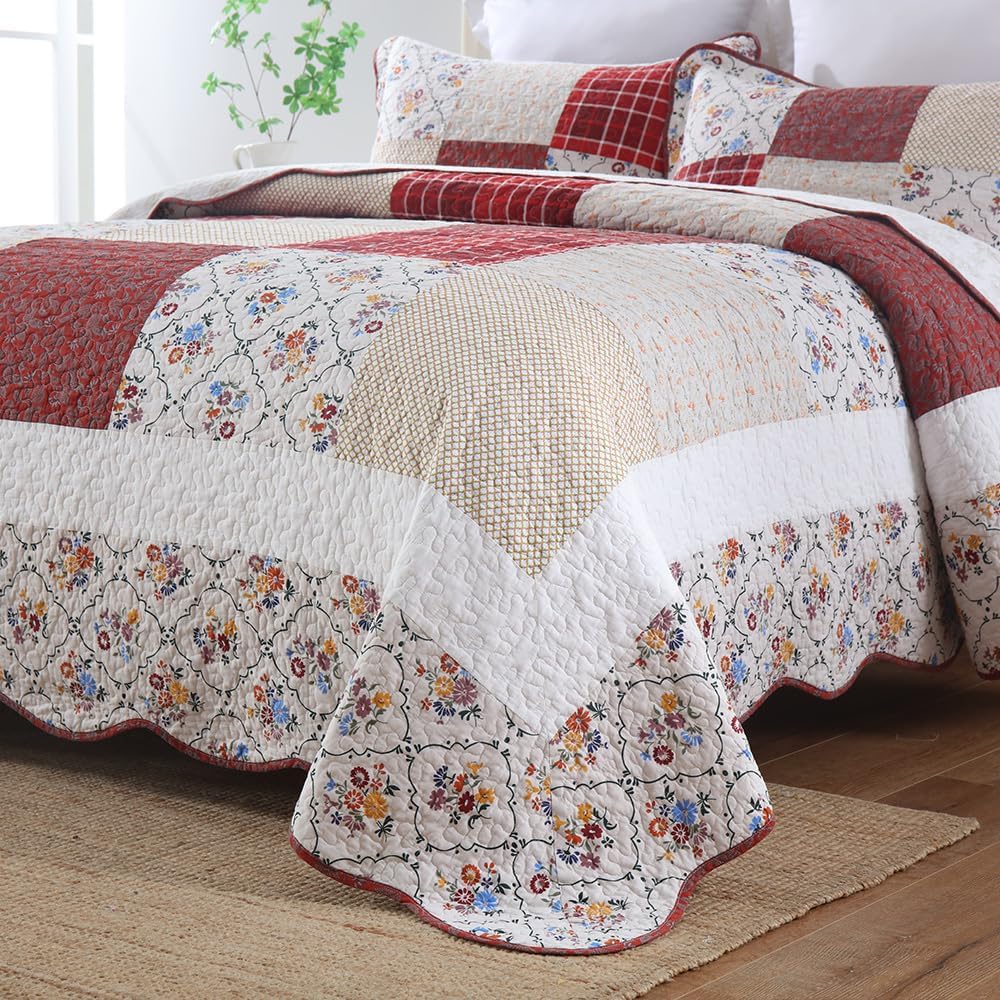 Cotton Bedspread Quilt Bedding Sets 3 Pieces Reversible Coverlet Sets Comforters Vintage Red White Rose Floral Patchwork Bedspread, Queen Size