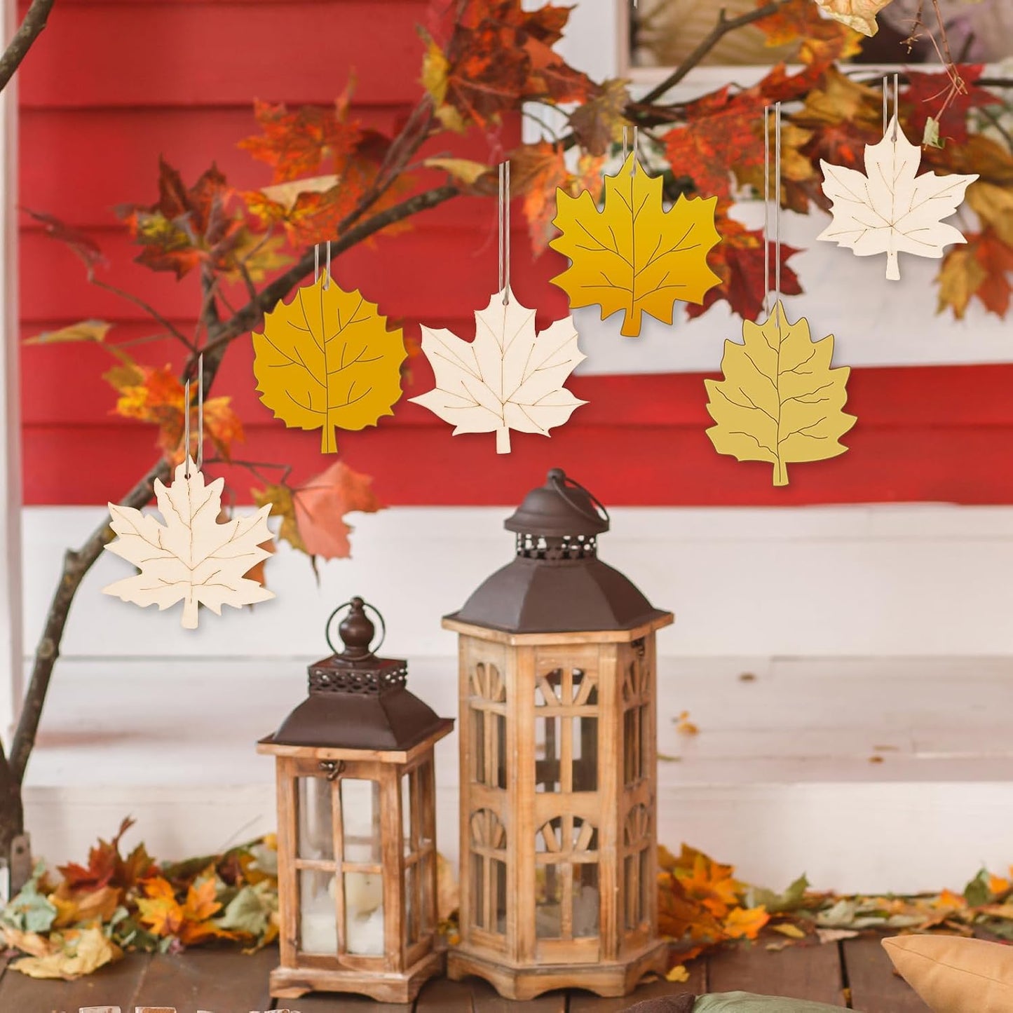 24 PCS Unfinished Wooden Fall Crafts, Maple Leaves Shaped Hanging Ornaments DIY Wood Craft Cutouts for Fall Home Decor (Leaves)