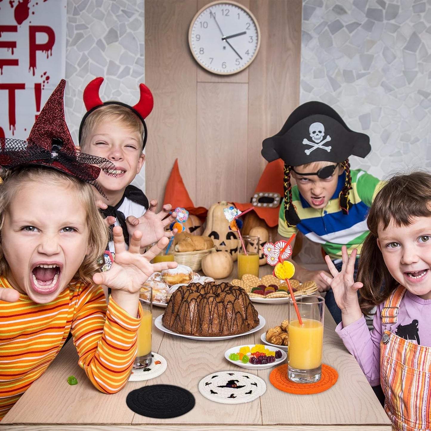 Whaline 4 Pack Halloween Handmade Braided Drink Coasters Black Orange Pumpkins Witch Hats Absorbent Cotton Cup Coasters Heat Resistant Cup Mats for Halloween Home Kitchen Office Table Decor, 4.3 Inch