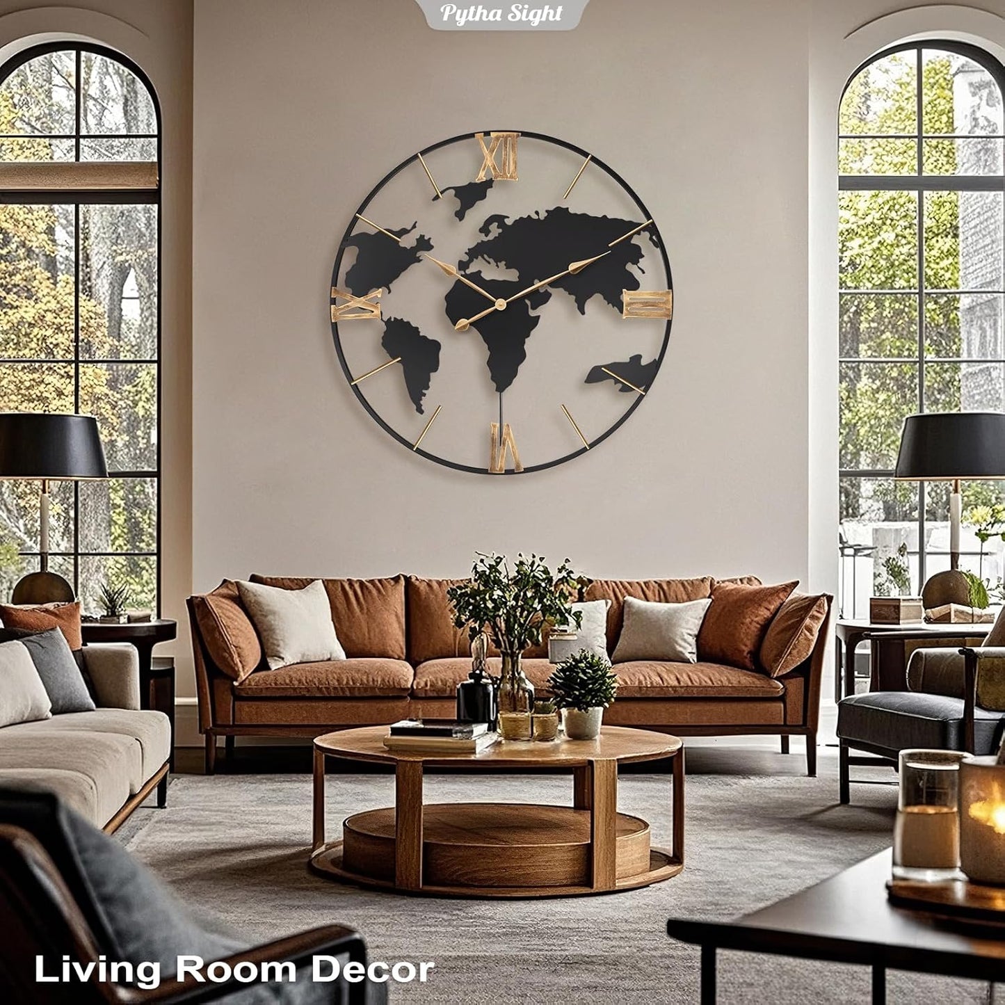 36 Inch Oversized Giant Extra Large Modern Decorative Metal World Map Wall Clock,Big Vintage Gold Roman Numeral Wall Clocks for Living Room,Entryway,Office,Fireplace,Dining Room