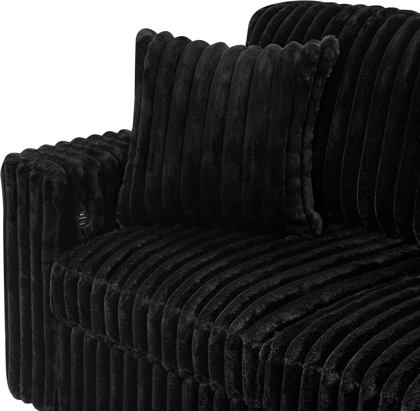 THSUPER 122-Inch Oversized U Shaped Plush Corduroy Fluffy Sectional Sleeper Sofa with Pull Out Bed, Storage Chaise Lounge and USB Charging Port - Black