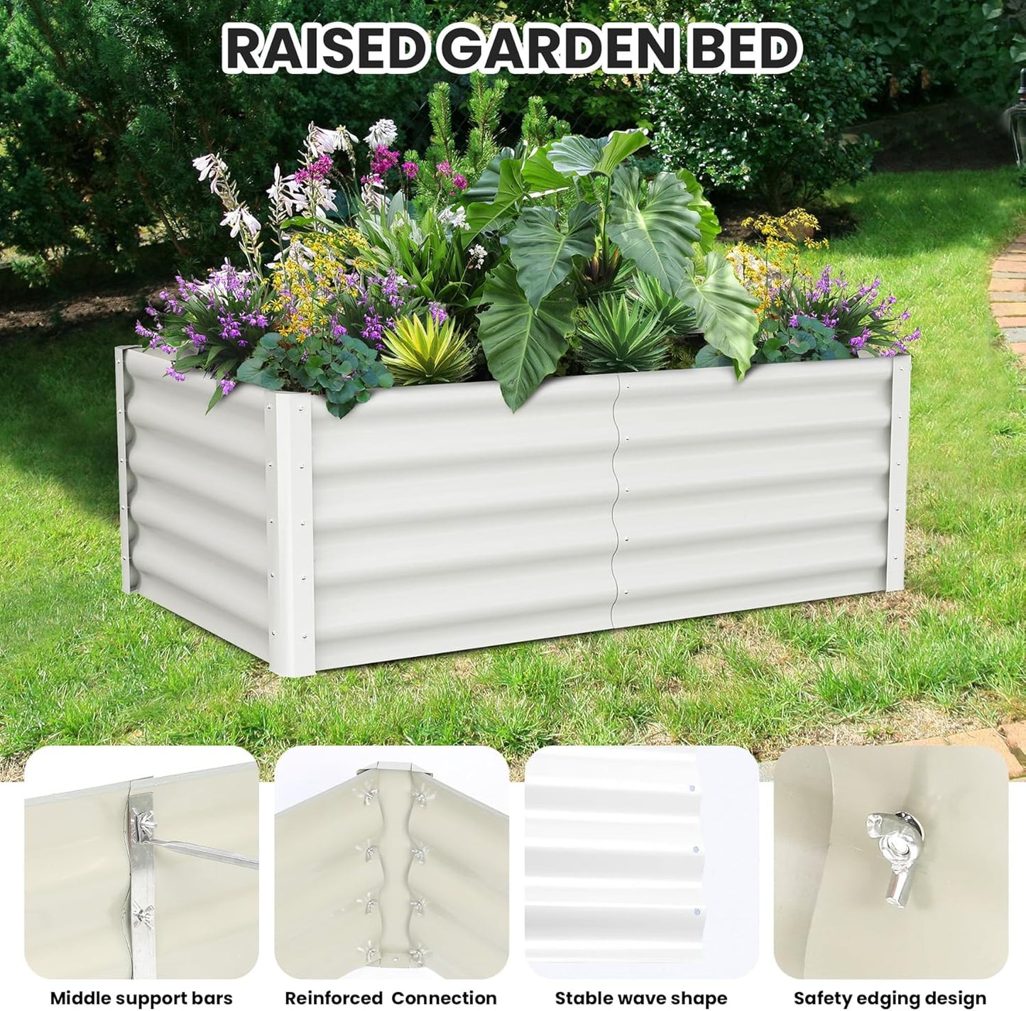 Galvanized Raised Garden Bed Outdoor, 2 Pcs 6x3x1.5FT Outdoor Large Planter Raised Beds Open Base with Safety Edge and Glove for Vegetables Flowers Ground Planter, White