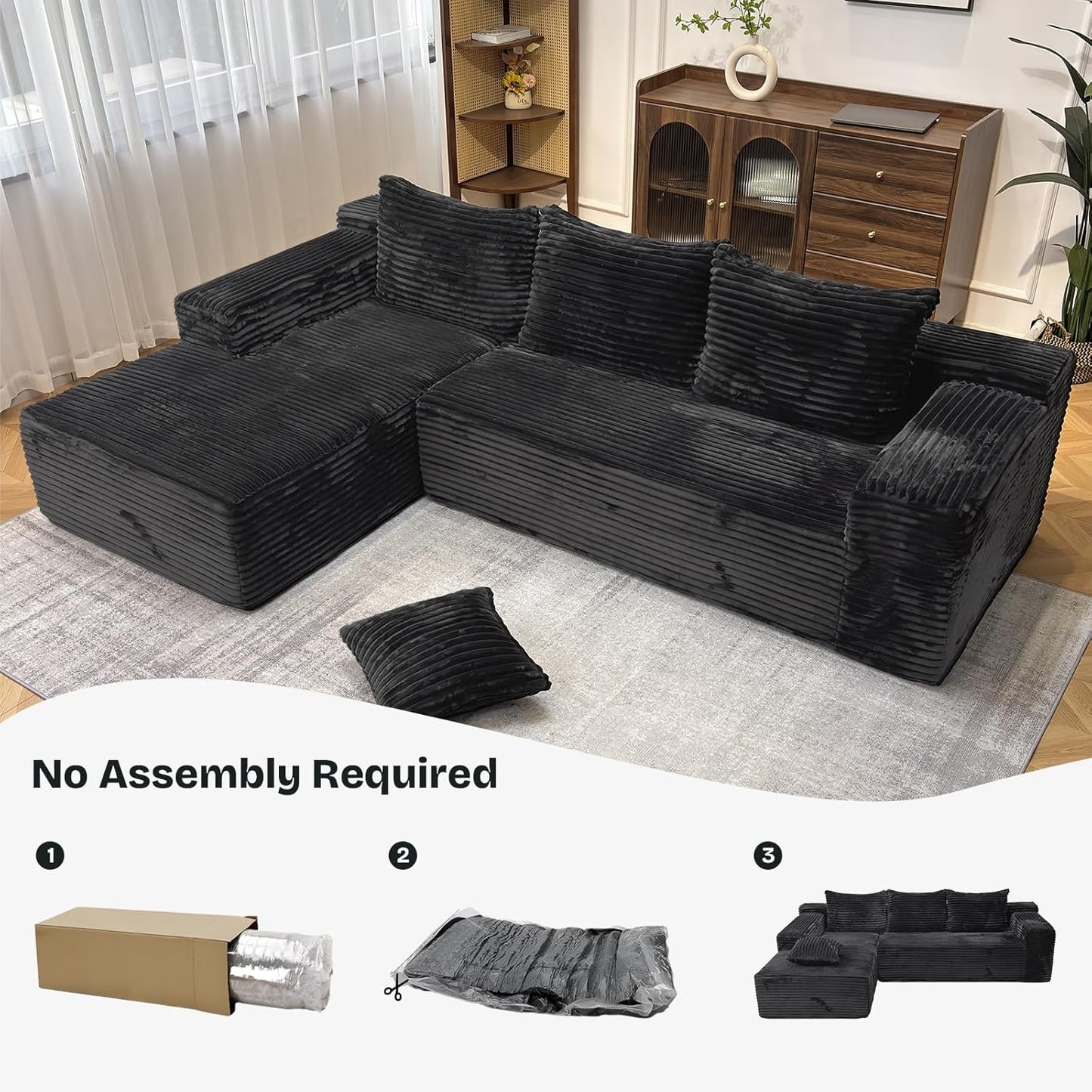 104" Modern Modular L-Shape Sofa Couch with Chaise Black Faux Rabbit Fur Cloud Sectional Couch with Deep Seat Modular Sectional Sofa No Assembly Required Upholstered Couches for Living Room Bedroom
