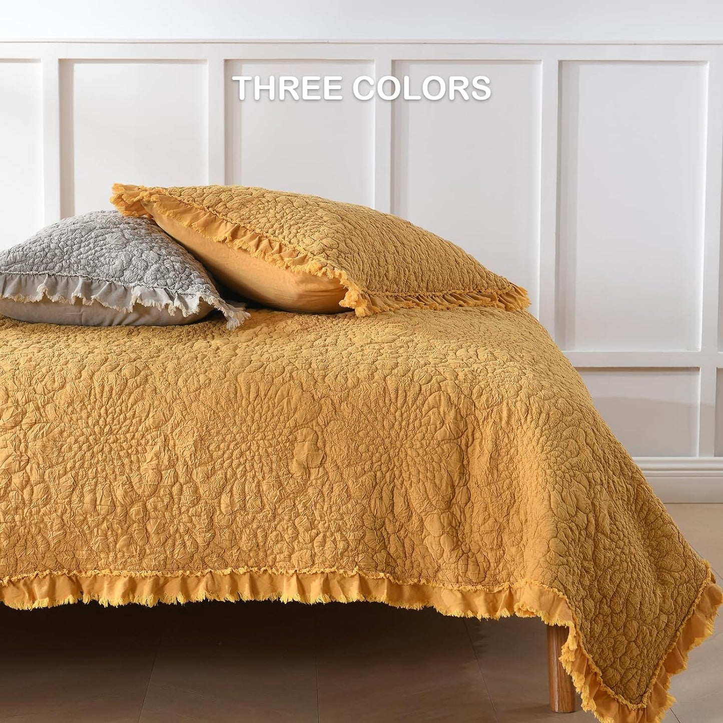 HORIMOTE HOME Beige Ruffled Quilt King Size, Stone-Washed Microfiber Lightweight Crinkled Farmhouse Rustic Shabby Chic Bedding Set, 3 Pieces Reversible Bedspread with Pillow Shams for All Season