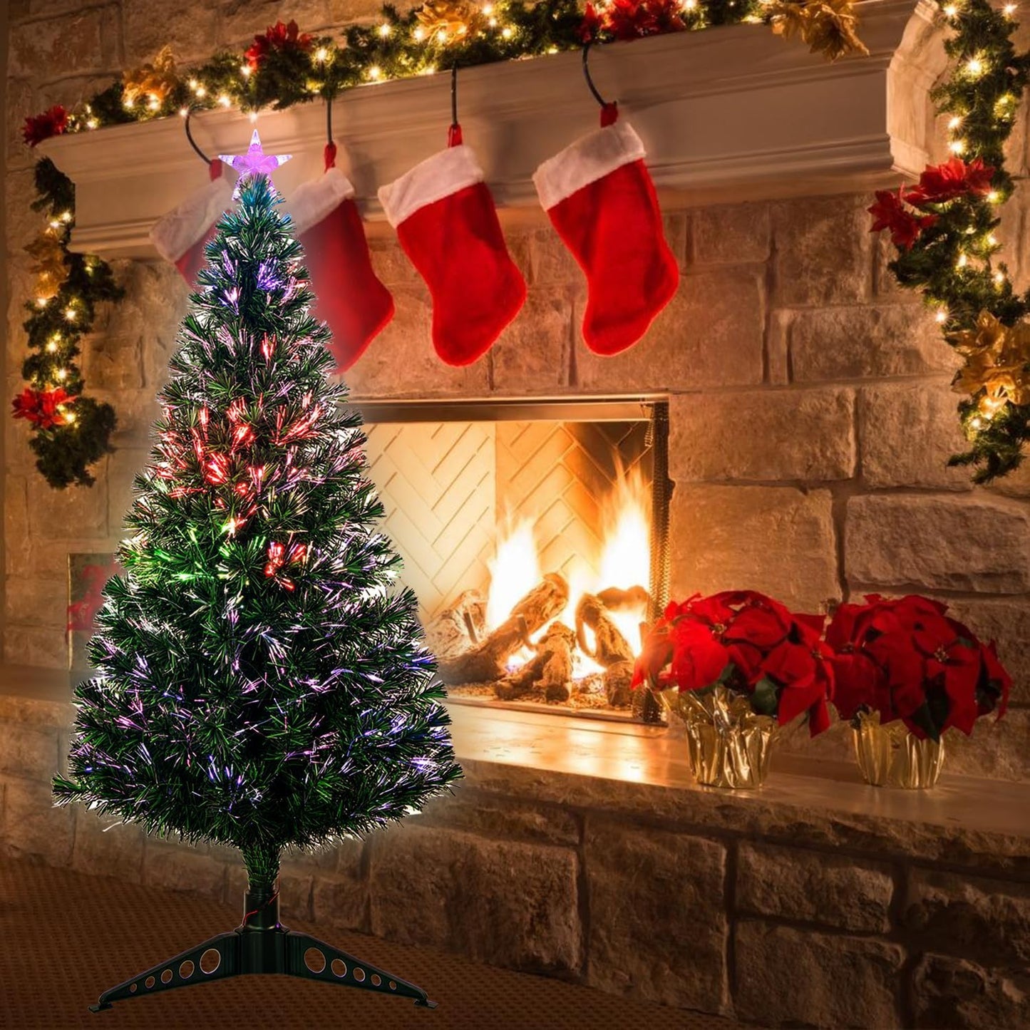 5FT Fiber Optic Green Christmas Tree Artificial Tree with Stand,Pre-lit Full Xmas Tree with Top Star Perfect for Indoor Holiday Decoration