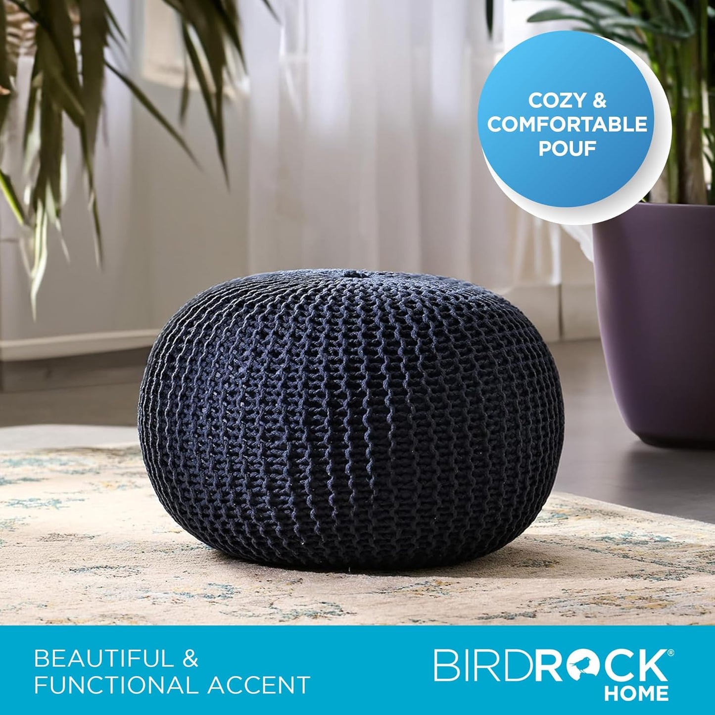 BIRDROCK HOME Round Pouf Ottoman | Cotton Braided Foot Stool with Bean Bag Filling | Boho Foot Rest for Living Room & Bedroom | Compact & Comfortable Seating, Lightweight & Soft | Navy