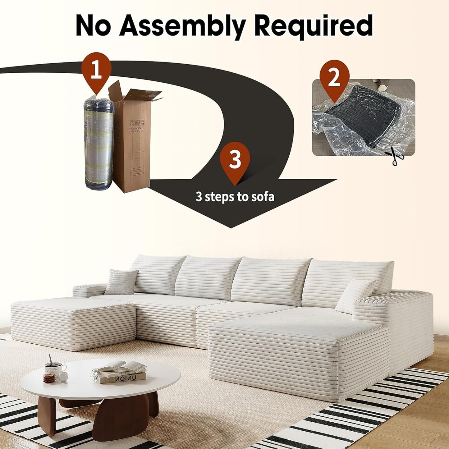 136" Sectional Couches for Living Room Modern Modular Sofa with L-Shape Couchs Upholstered Boneless Couch Deep Seat Sectional Couch with Chaise (White, Right Facing Chaise+3Seaters+Ottoman)