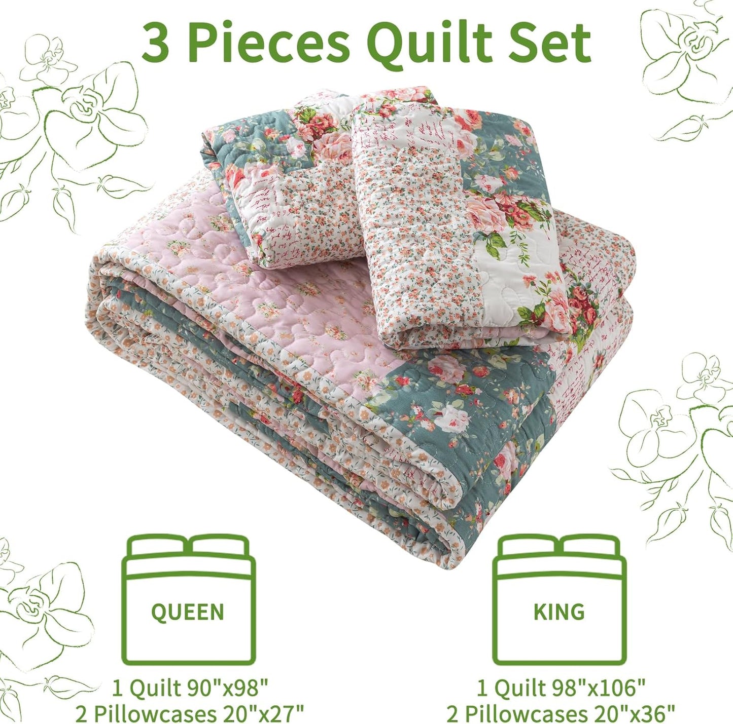 VAPUTAR Pink King Size Quilt Bedding Set - Gaeden Style King Size Bedspreads with Floral Pattern - Lightweight Farmhouse Cotton-Filled Quilts King Size for Bed Decorations, 3 Pieces