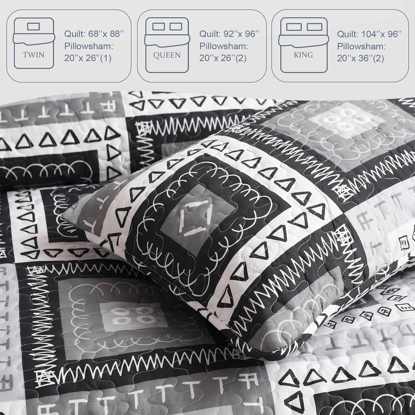 Exclusivo Mezcla Reversible Boho Quilt Set Twin Size, 2 Pieces Patchwork Black All Season Bedspreads, Ultra Soft Floral Coverlet Bedding Set with Printed Pattern (1 Quilt, 1 Pillow Sham)