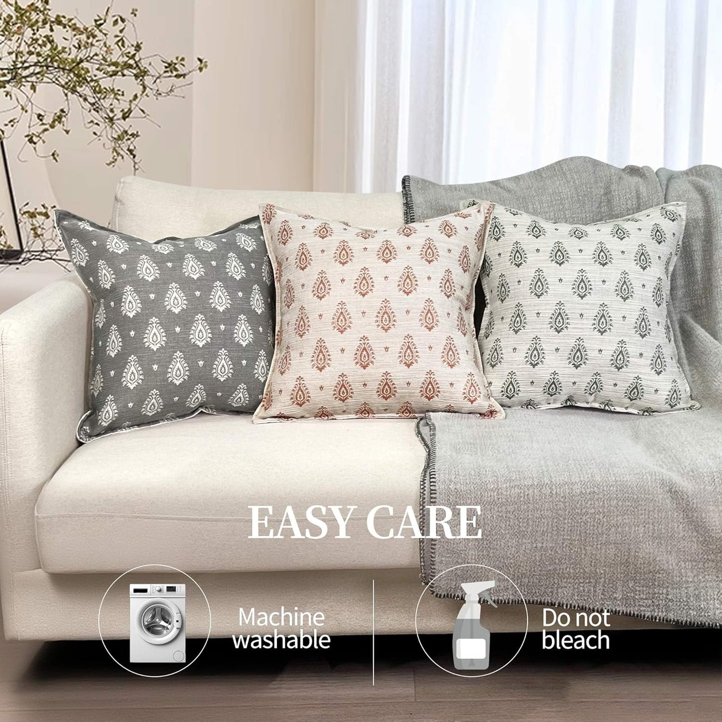 Floral Throw Pillow Covers 20x20 Set of 2, Dark Grey Decorative Pillow Covers Neutral Faux Linen Cotton Blend, Vintage Look for Couch, Sofa, Bed, Living Room