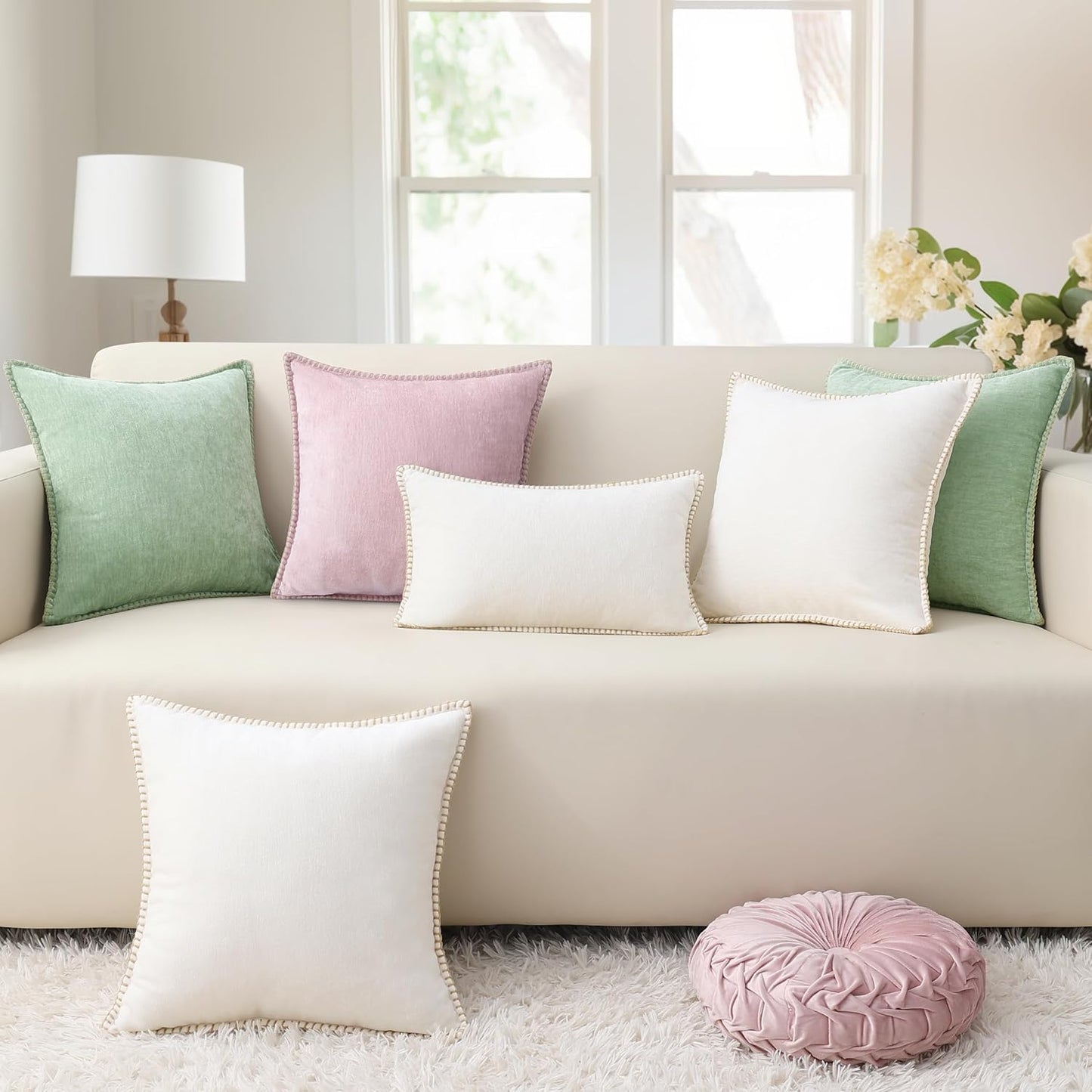 decorUhome Chenille Soft Throw Pillow Covers 16x16 Set of 2, Farmhouse Velvet Neutral Decorative Euro Pillow Covers with Stitched Edge for Couch Sofa Bed Home Decor, Cream White