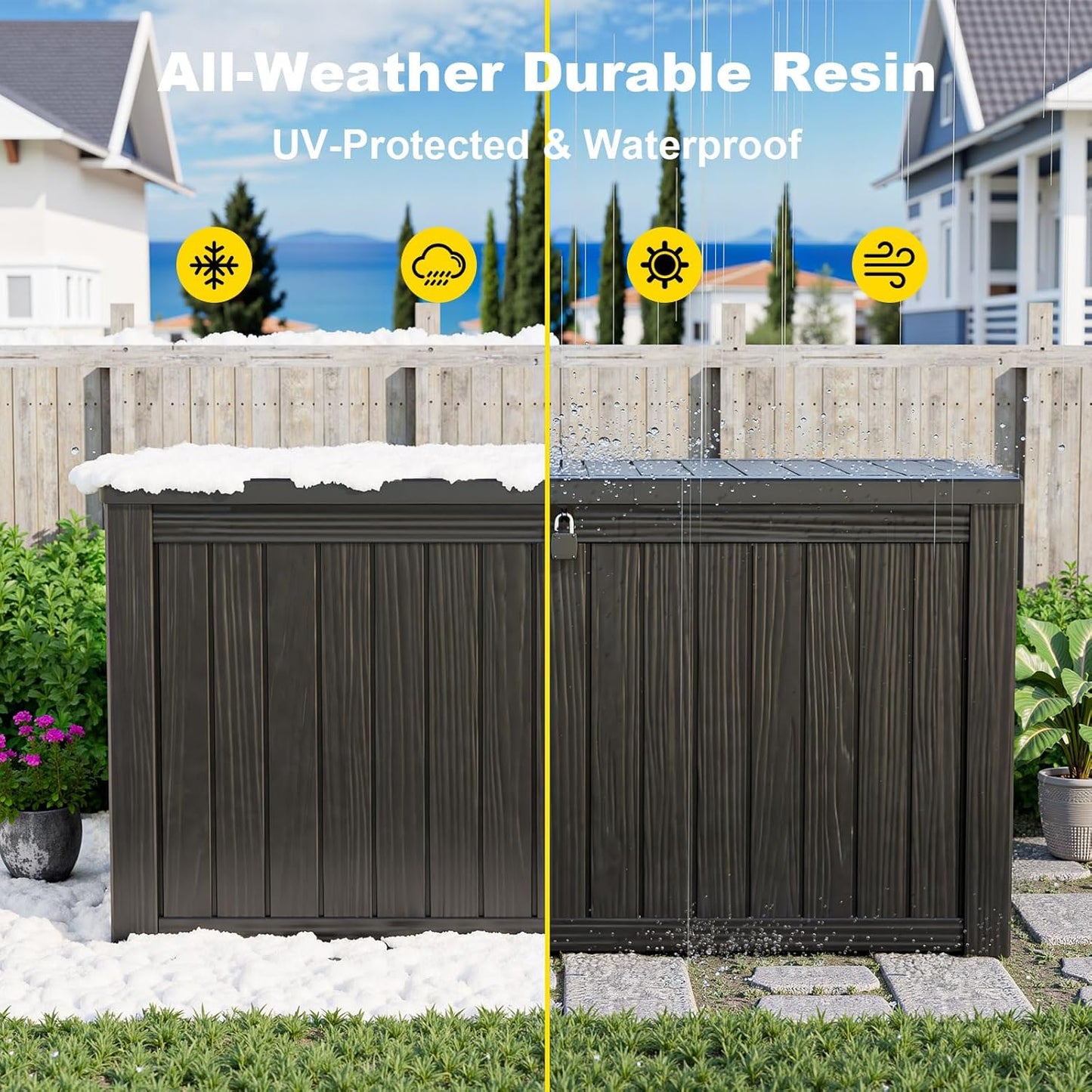 DRATO 150 Gallon Outdoor Storage Box, Large Waterproof Deck Box, Lockable Resin Storage Container with Reinforced Support for Patio Cushions, Garden Tools, UV-Resistant Outdoor Chest(Black)