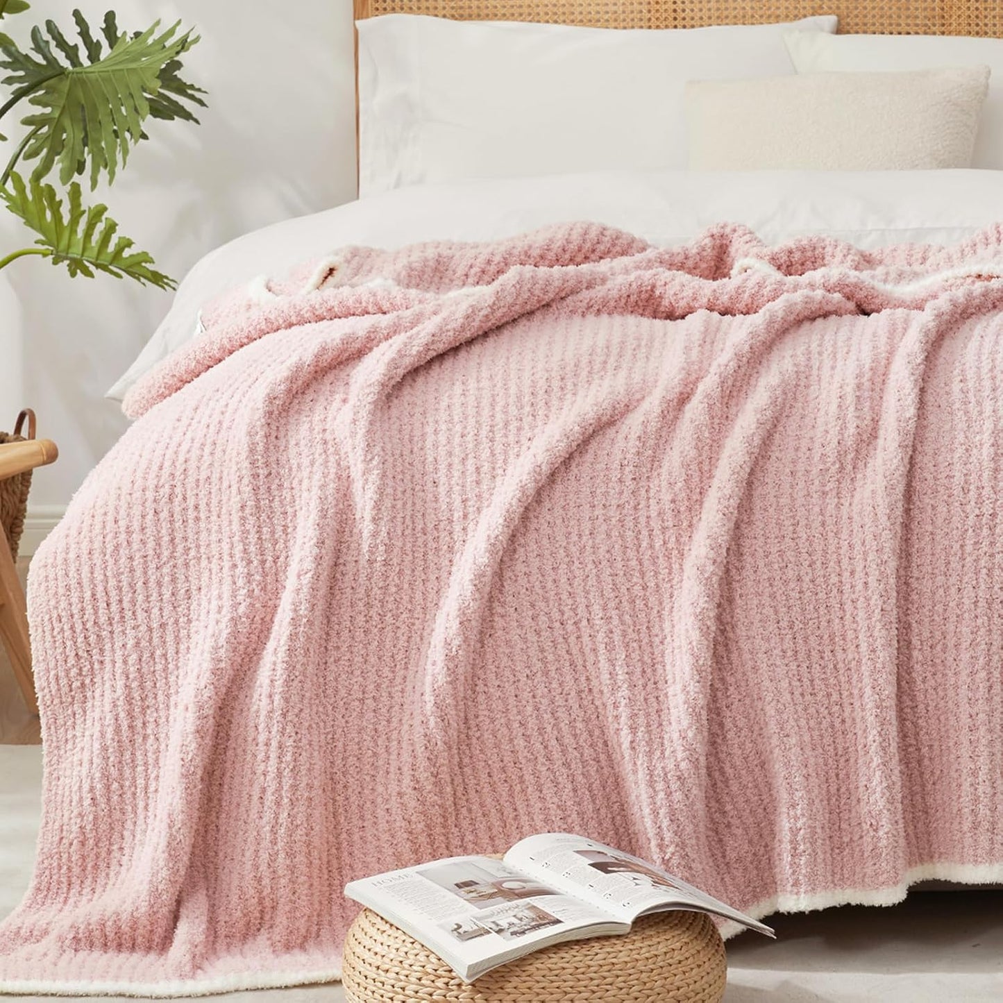 Snuggle Sac Ultra Soft Waffle Throw Blanket for Couch Bed Sofa 50x60 inches, Reversible Pink Blanket Microfiber Fluffy Fuzzy Cozy Knit Throws for Women Mothers Birthday Gifts