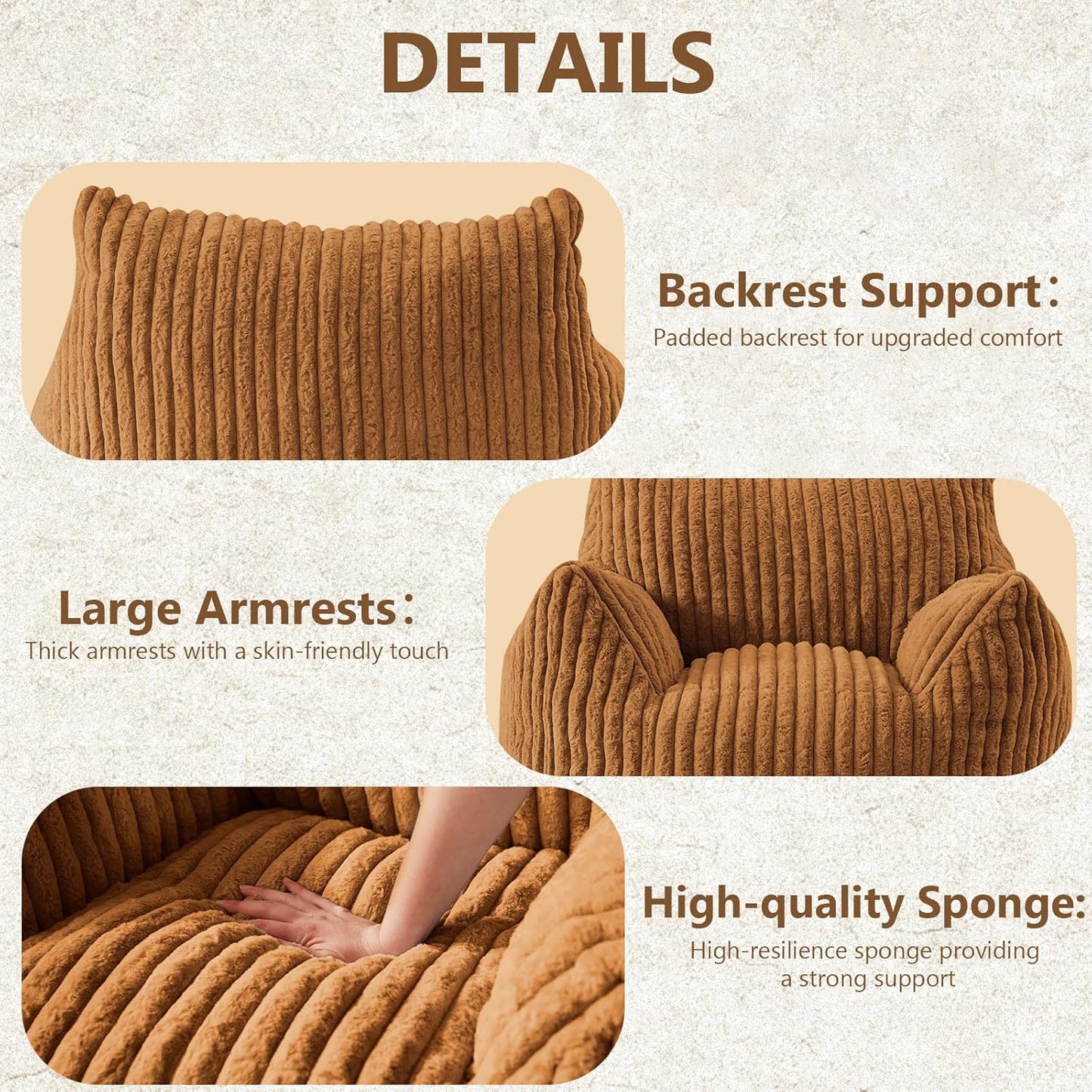 Giant Bean Bag Chairs for Adults Teens, Large Bean Bag Sofa Chairs with Filling Comfy Fuzzy BeanBag Chair with Armrests for Bedroom Living Room Reading (Brown, Large)