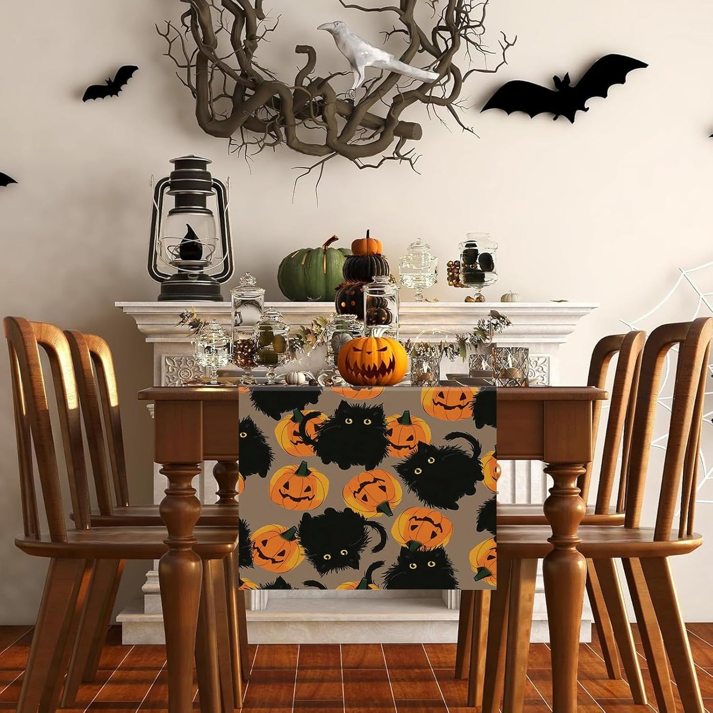 Halloween Table Runner Black Cat Pumpkins Seasonal Kitchen Dining Table Home Outdoor Party Decorations 13x108 Inch