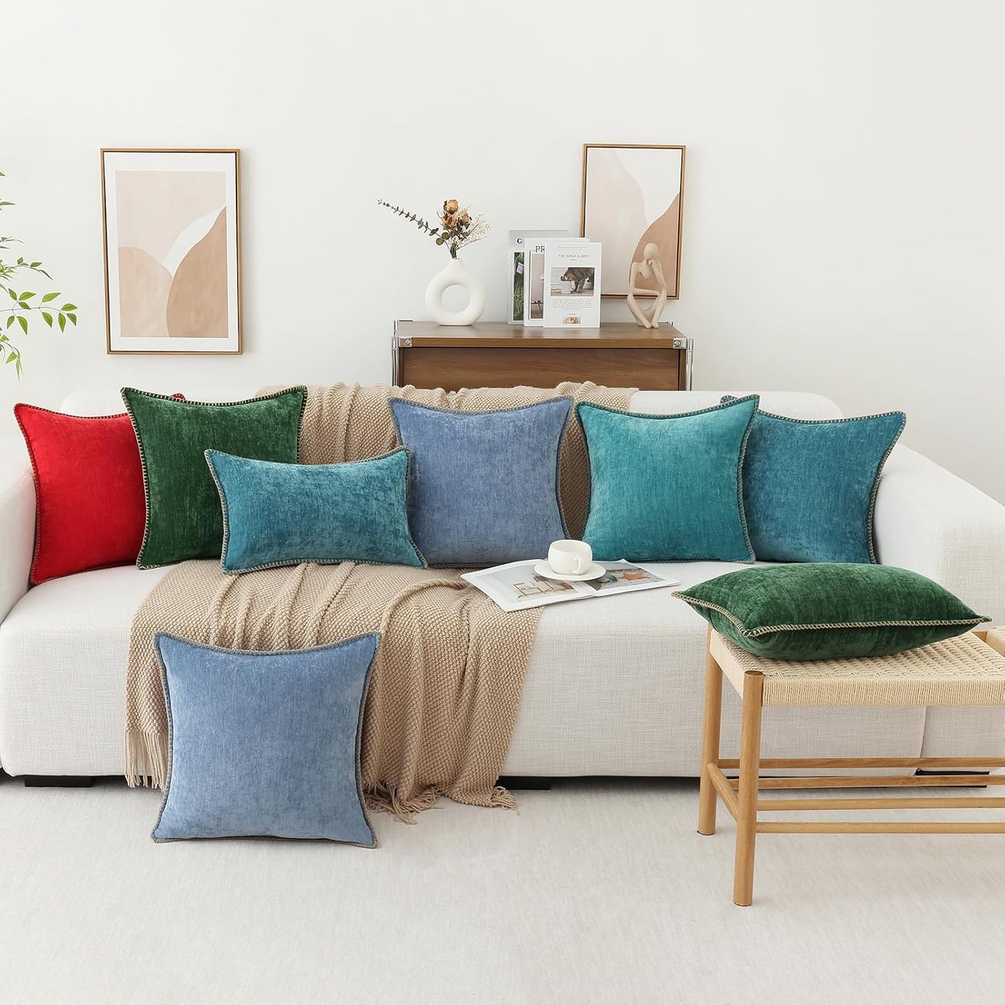 decorUhome Chenille Soft Throw Pillow Covers 20x20 Set of 2, Farmhouse Velvet Neutral Decorative Euro Pillow Covers with Stitched Edge for Couch Sofa Bed Home Decor, Blue