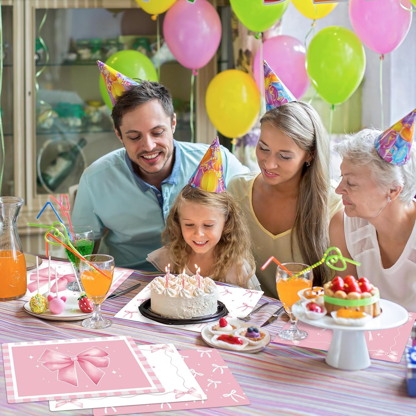 Pink Bow Plastic Place Set of 6 Cute Coquette Butterfly Bowknot Dinner Table Mats Pink Ribbon Bow Mats Wedding Baby Shower Birthday Table Decoration for Indoor Outdoor Party Kitchen Dining