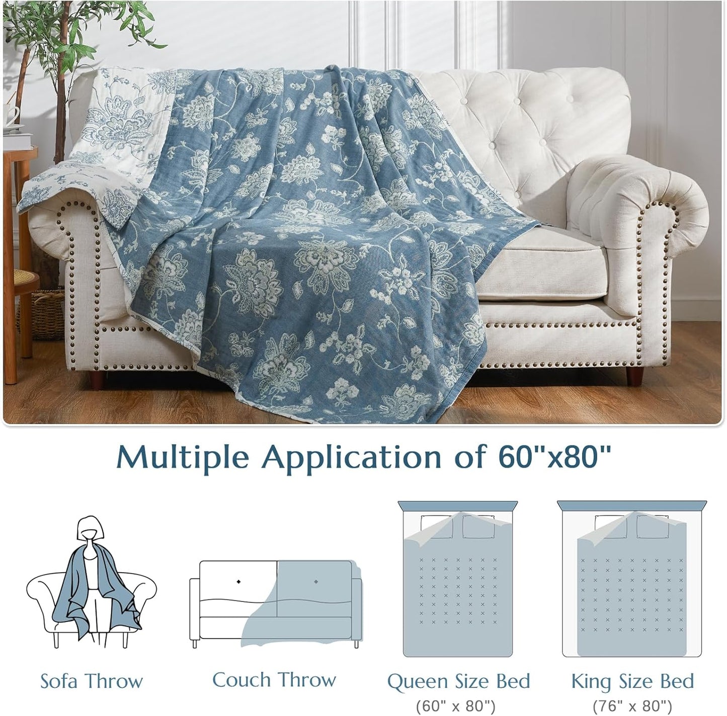 jinchan Boho 100% Cotton Muslin Twin Size 60x80 Inches Blanket Lightweight 4-Layer Quilted Soft Blue and White Floral Throw Blanket Green Accents Reversible Comfy Flower Summer Couch Bedroom Decor