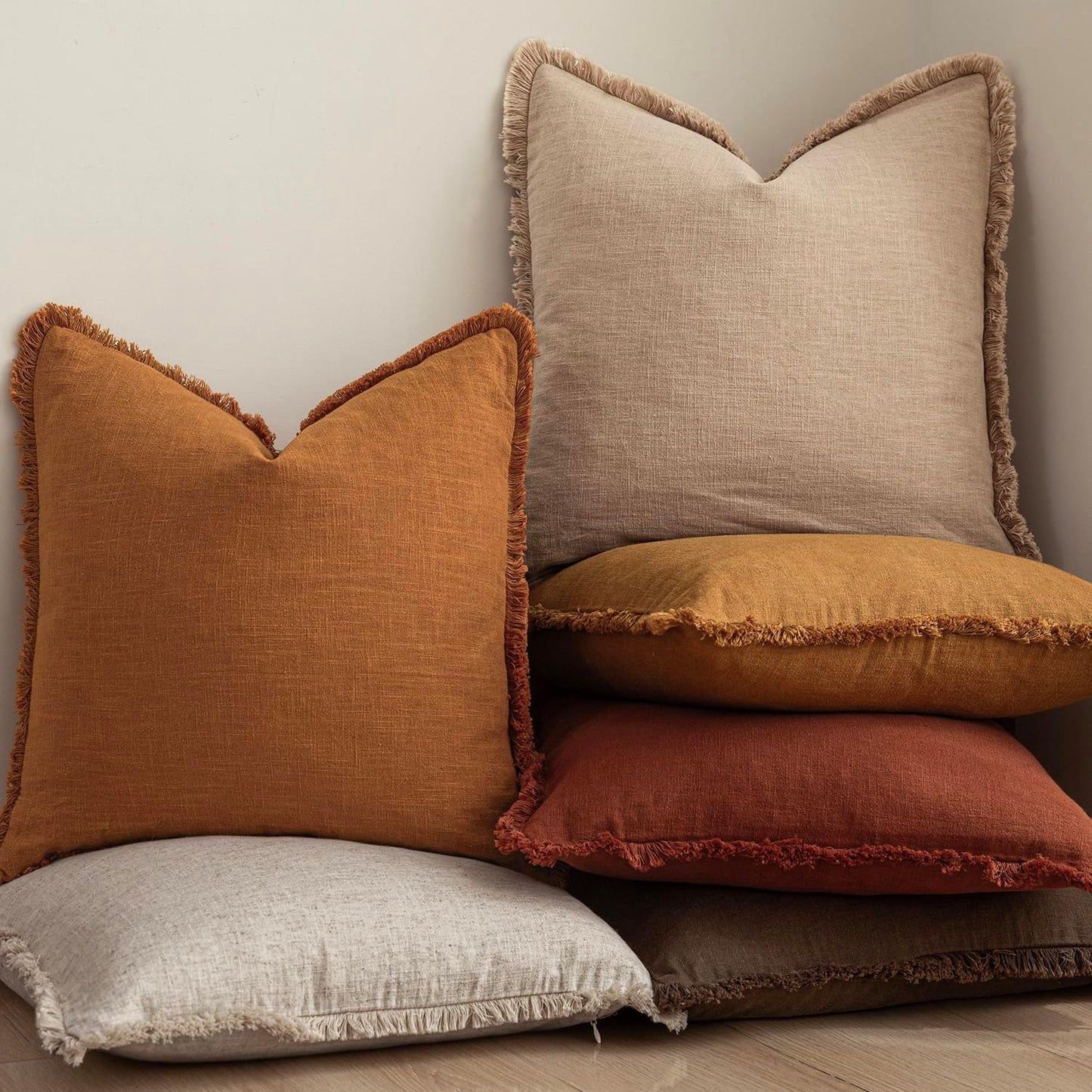 Foindtower Set of 2 Decorative Linen Fringe Throw Pillow Covers Cozy Boho Farmhouse Cushion Cover with Tassels Soft Accent Pillowcase for Couch Sofa Bed Living Room Home Decor, 26×26 Inch, Orange