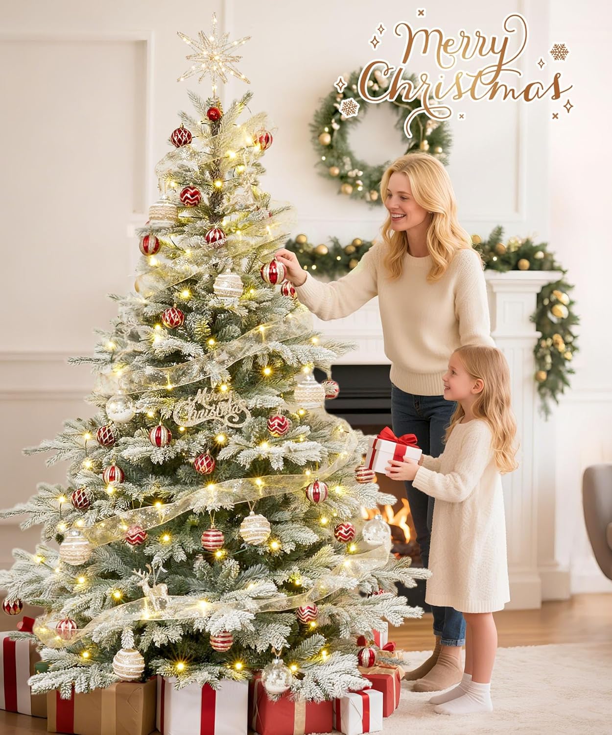 Decoway 7ft Artificial Christmas Tree, Unlit Snow Flocked Xmas Tree with 2364 Branch Tips and Sturdy Metal Stand for Indoor Outdoor Home Decoration