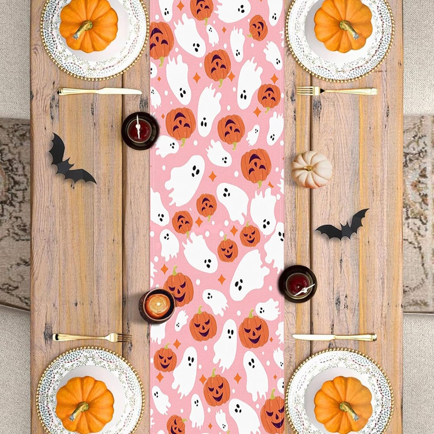 Halloween Table Runner Cute Spooky Ghost Pumpkin Table Linen Runner Pink Kitchen Dining Decoration Holiday Halloween Table Decoration for Holiday Indoor Outdoor Home Party Decor 13x36 Inch