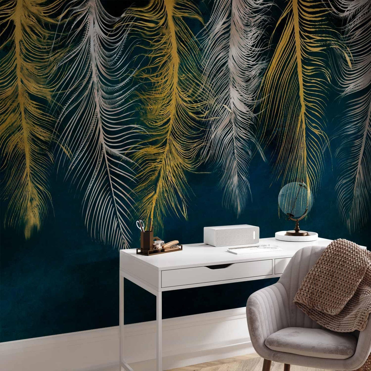 artgeist Wall Mural Feather 98x69 in - XXL Non-Woven Wallpaper Fleece Wall Decor Photo Print Picture Image Design Landscape Abstract Beige Navy Blue b-A-0812-a-a