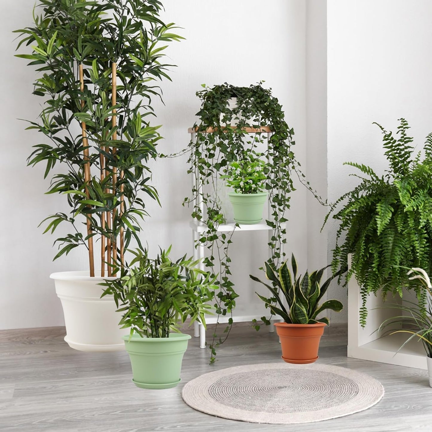 8 Inch Plastic-Flower Pot-for-Indoor Plants, 4 Pack Large Outdoor Planter Pot with Drainage Holes & Saucers, Resin Decorative Garden Pots Planters