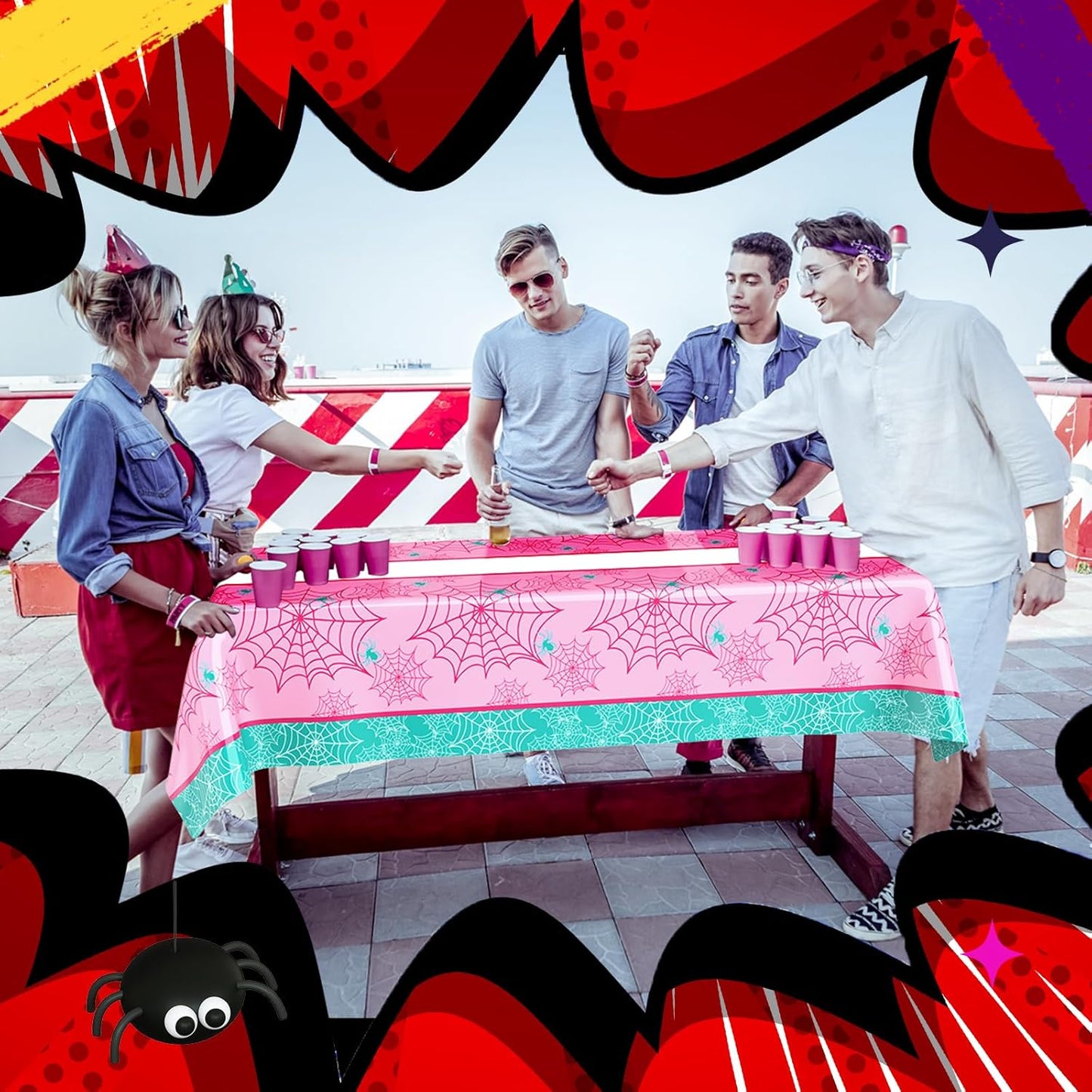 Oudain 3 Pack Spider Theme Birthday Decorations Halloween Purple Black Red Pink Green Web Ghost Bat Tablecloth Cartoon Table Cover Party Favor for Birthday (Pink,Green,Spider)