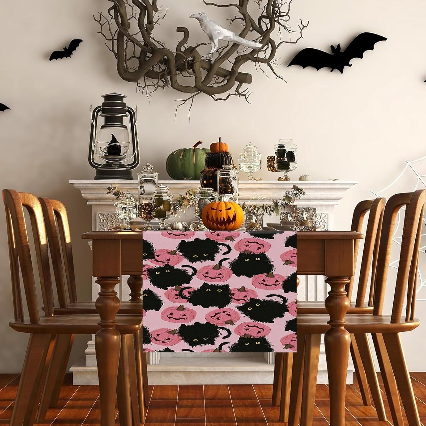 Halloween Table Runner Black Cat Pink Pumpkins Seasonal Kitchen Dining Table Home Outdoor Party Decorations 13x90 Inch