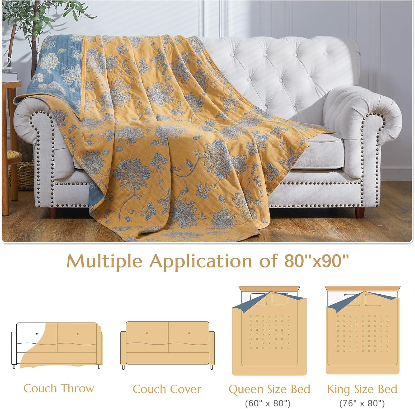 jinchan Boho 100% Cotton Muslin Queen Size 80x90 Inches Blanket Lightweight 4-Layer Quilted Soft Yellow and Blue Floral Throw Blanket Reversible Comfy Flower Rustic All Seasons Couch Bedroom Decor