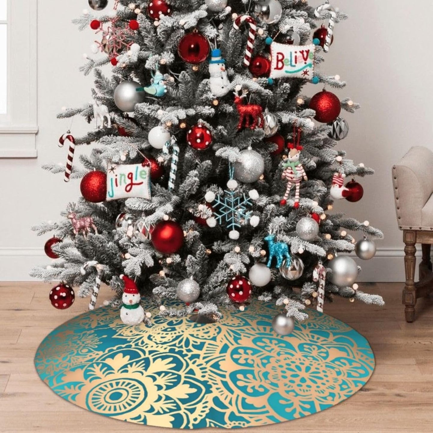 48" Large Christmas Tree Skirt, Elegant Teal Green Mandala Pattern Pattern Tree Mat Base Cover for Xmas Festive Holiday Party Decoration Ornaments