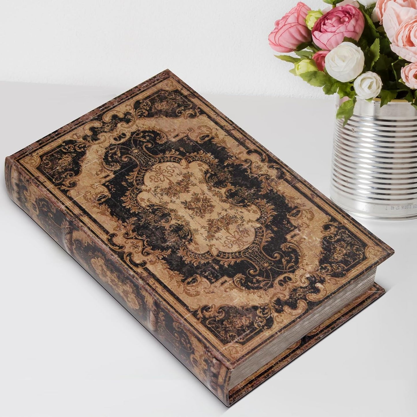Decorative Storage Box for Home Decor - Vintage Faux Wood Book Box with Magnetic Lock, Hidden Jewelry & Remote Storage, Coffee Table Books Decor, Shelf Decor Accents (M Size, 10.2") -5-05