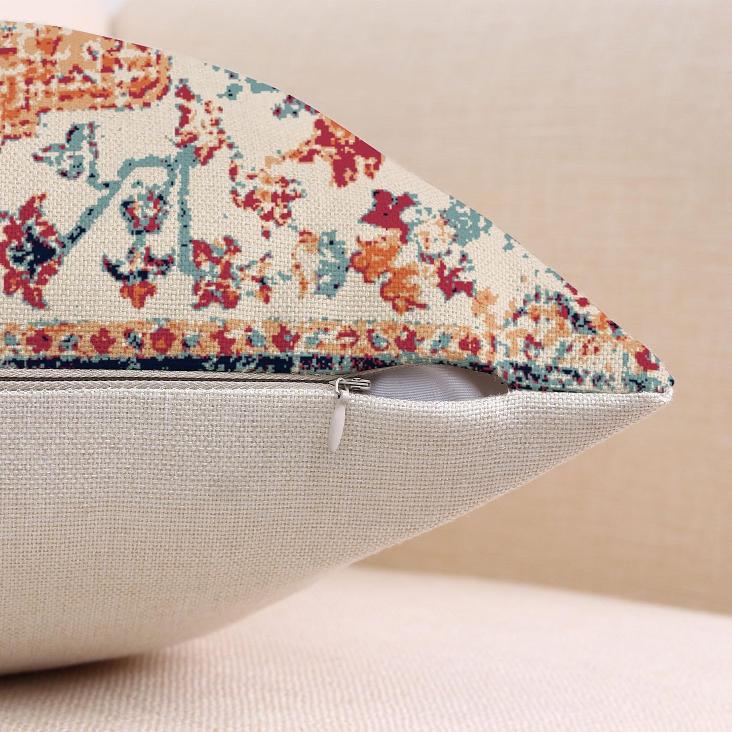 Outdoor Waterproof Pillow Covers 18X18 Inch Set of 2 - Bohemian Vintage Carpet Pattern Orange Blue Ethnic Design Decorative Farmhouse for Couch Garden Balcony