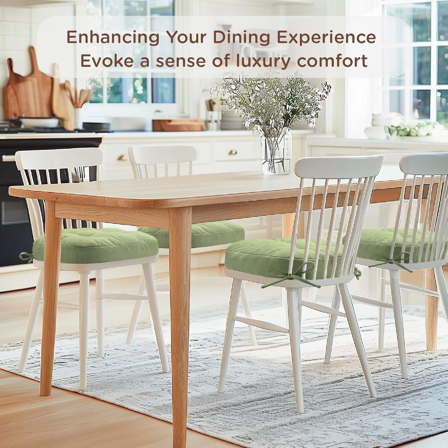 Codi Dining Chair Cushions 4 Pack, Thick Chairs Pads for Indoor Kitchen Room - Washable, Non-Slip Memory Foam Seat Cushion with Ties, 16.5"x16.5"x 3.5", Set of 4, Sage