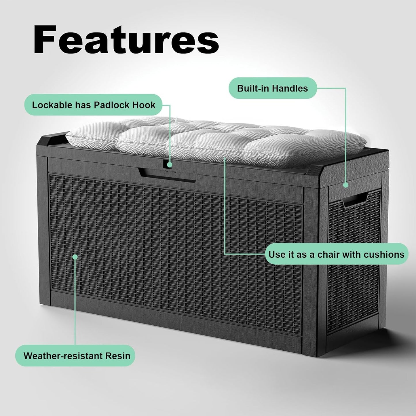 60 Gallon Resin Deck Box, Lockable Outdoor Storage Box for Patio Cushions Storage Furniture,Garden Tools, Pool Supplies, Weatherproof and UV Resistant(Black Rattan)