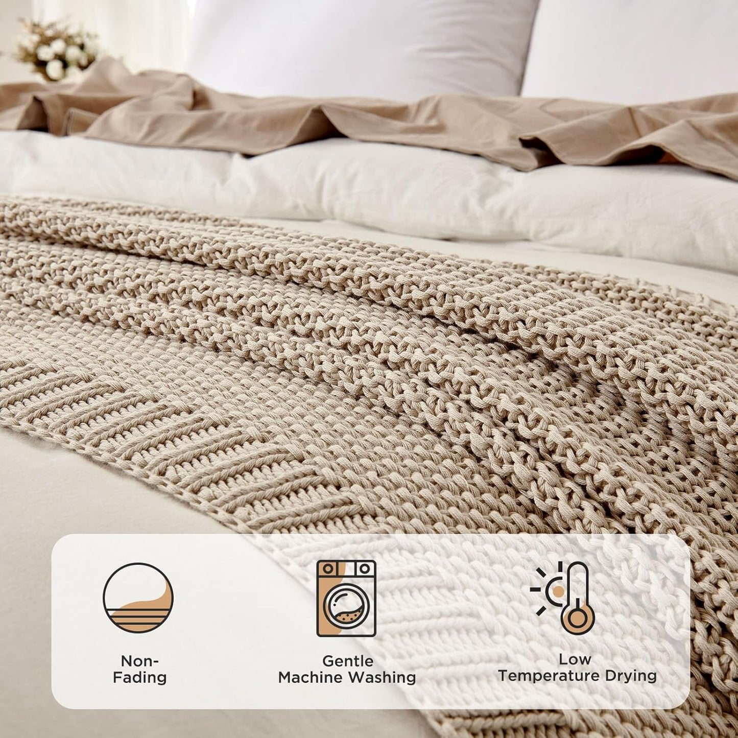 Joydeco Chunky Cable Knit Throw Blanket, Lightweight 100% Organic Cotton Soft Cozy Throw Twin Blanket for Couch Bed and Sofa, Rustic Breathable Farmhouse Blanket Gift for Women Men(Beige, 60"x80")