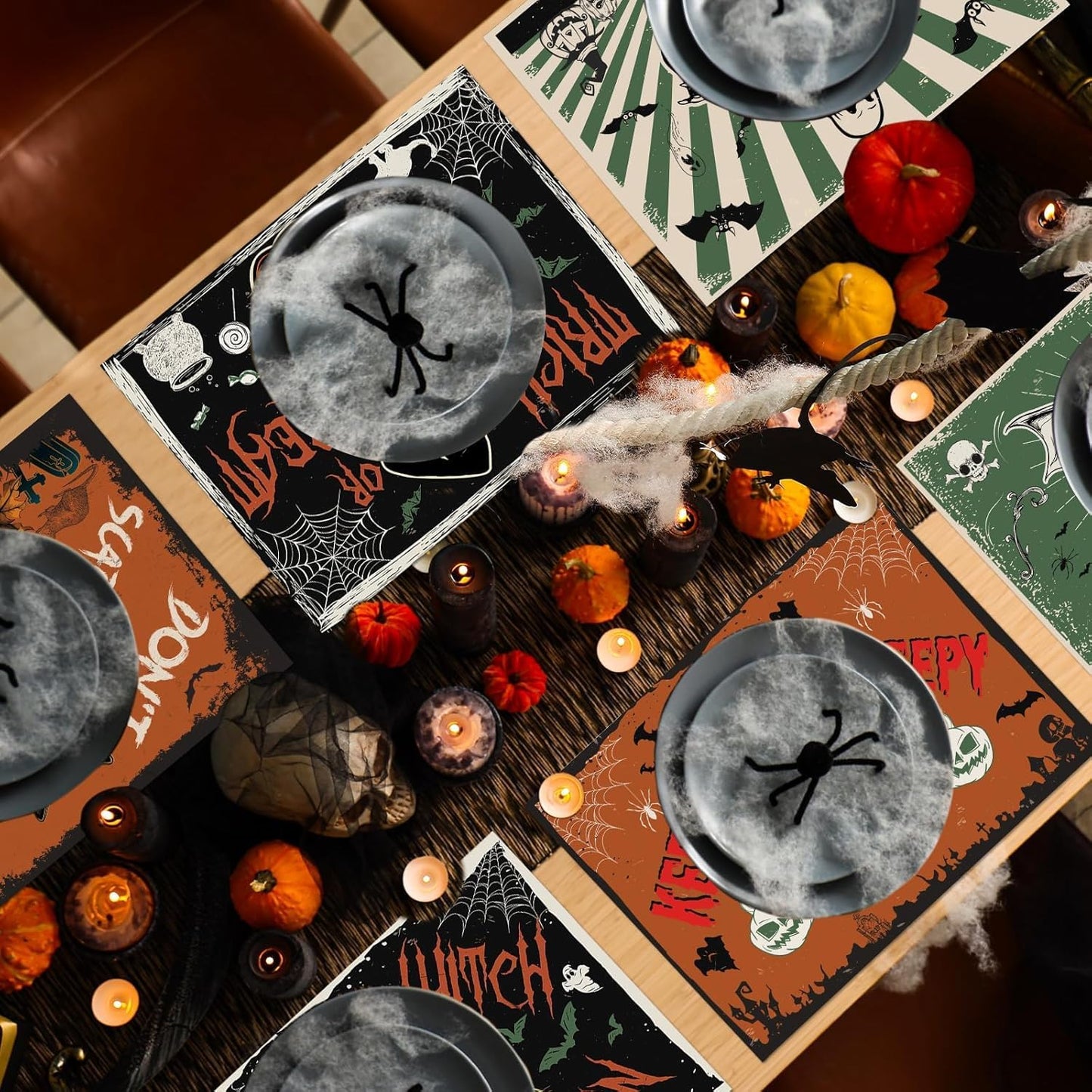 Halloween Placemats Set of 6 Vintage Plastic Table Mats Black Cat Place Mats Washable Ghost Witch Bat Rectangle Skull Table Decoration for Indoor Outdoor Party Kitchen Dining