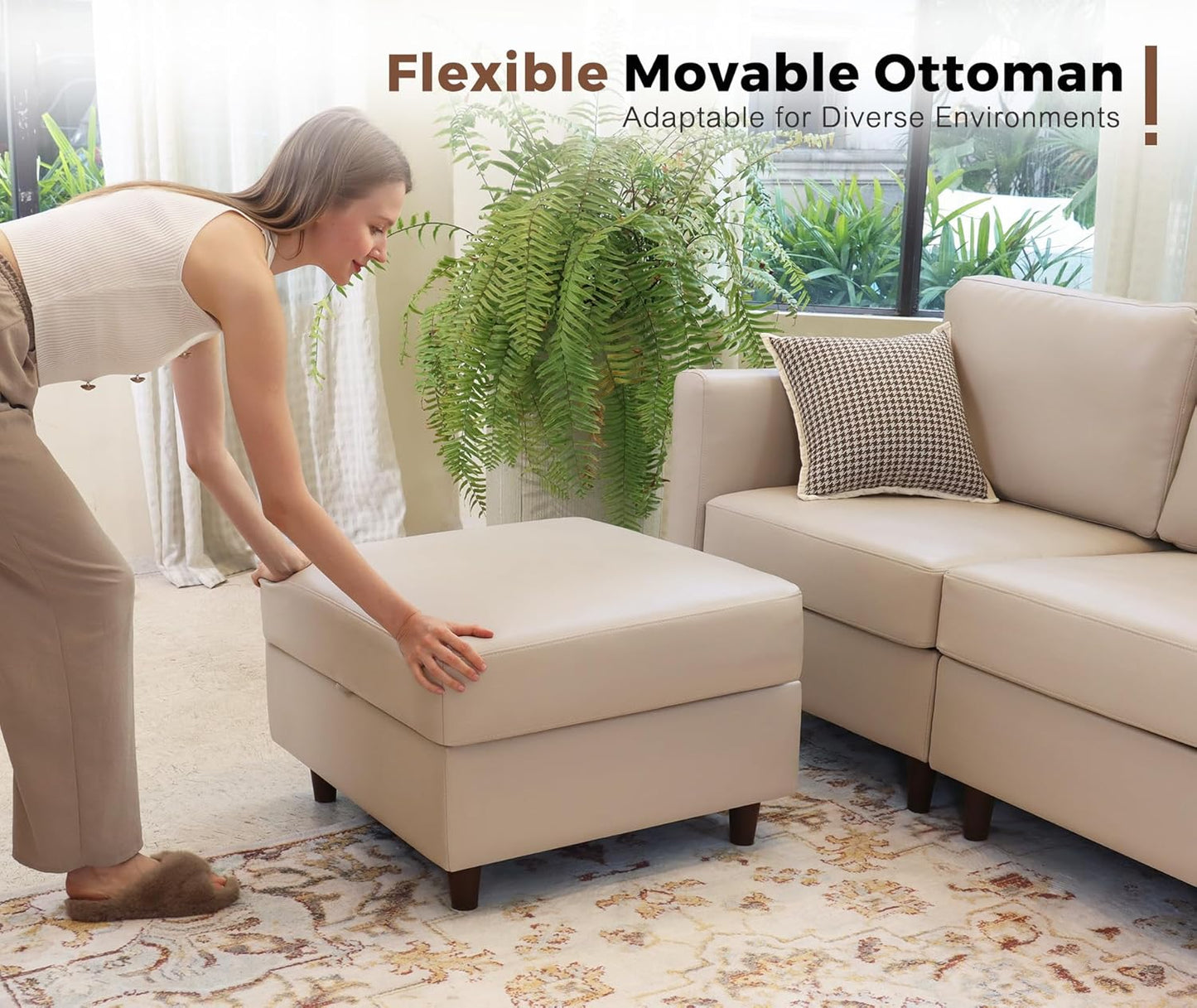 118.5" Oversized Modular Sectional Sofa, Faux Leather 6 Seater U Shaped Couch with Movable Ottoman and Storage Seat with Reversible Chaise Deep Seat for Living Room Whitesand