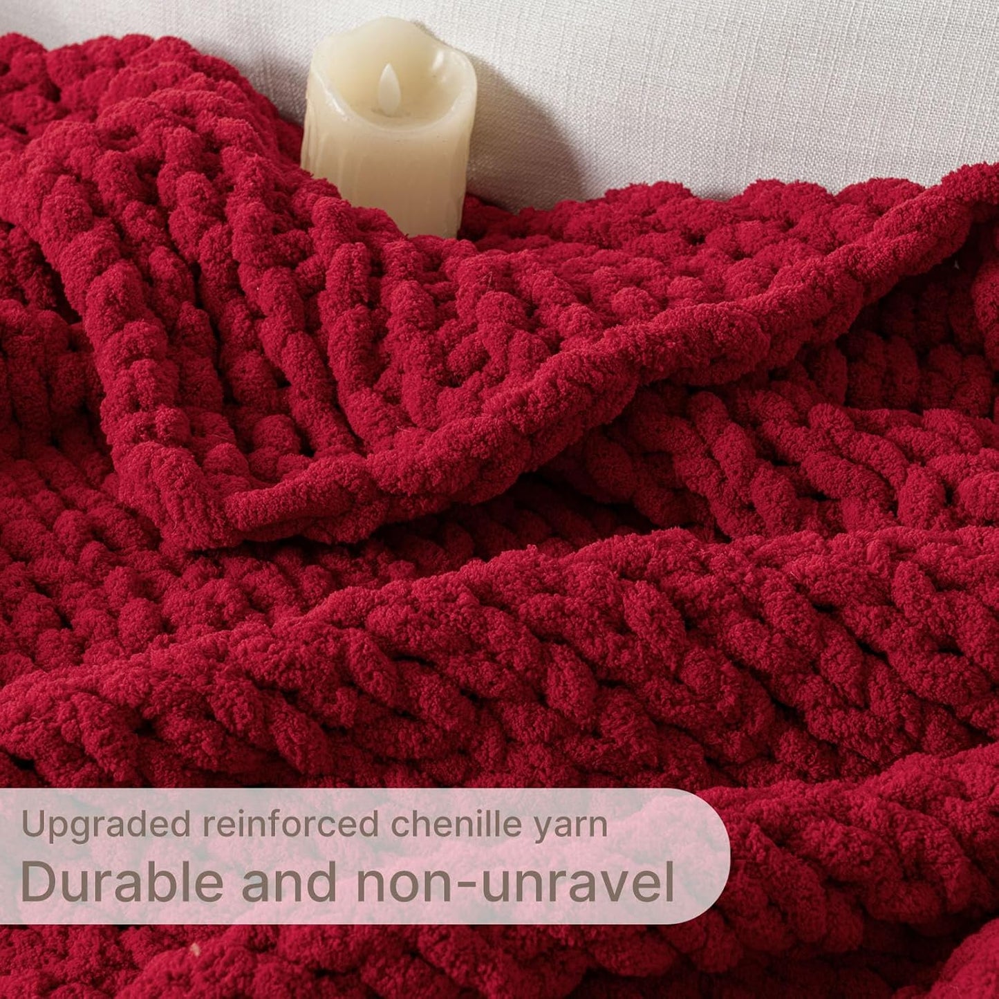 Chunky Knit Blanket Throw, 100% Hand Knit Throw Blanket Handmade Chenille Cable Knit Throw for Couch, Stylish Cozy Soft Rope Knot Crochet Blanket for Home Decor, Red, 50x60 Inches