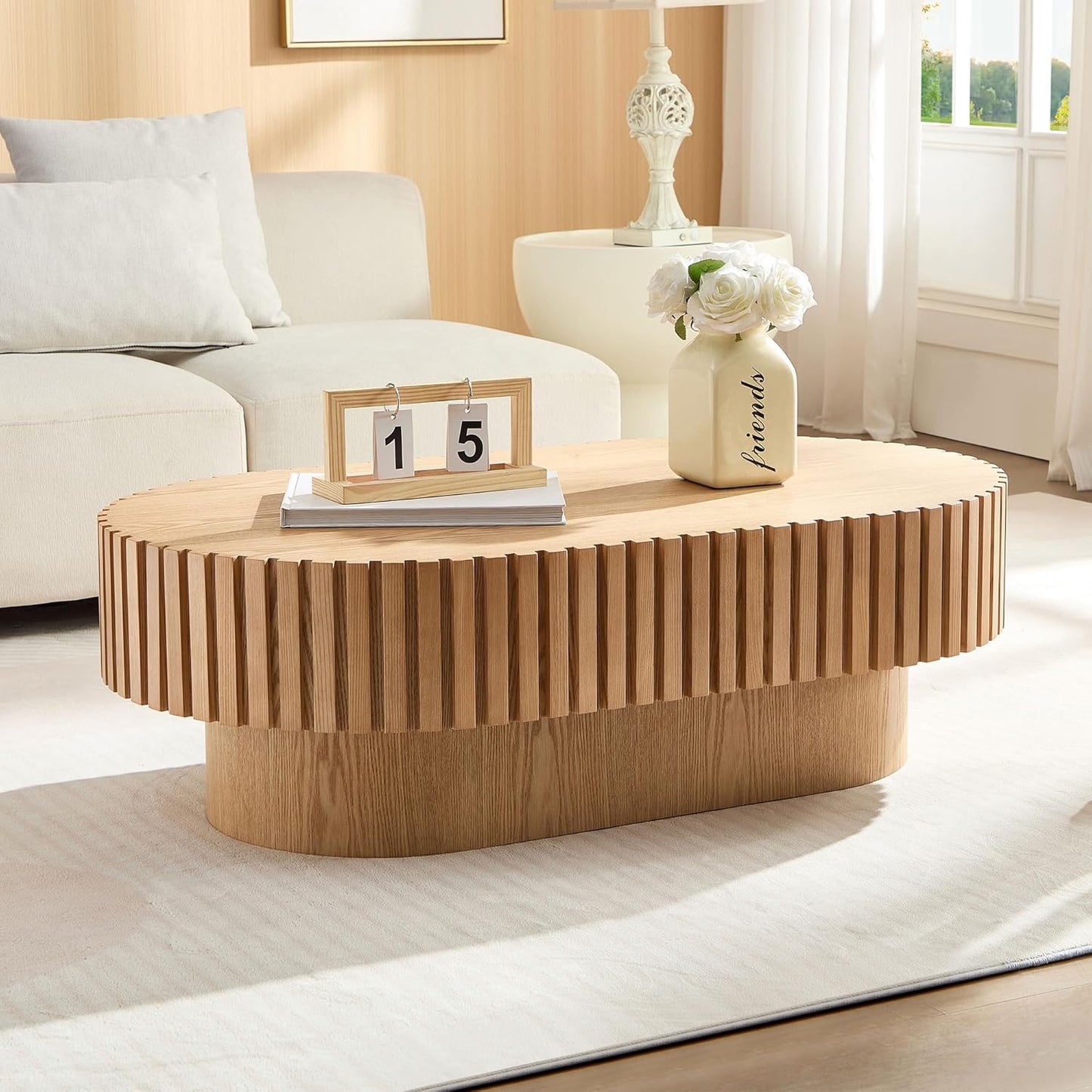 43.7" Oval Coffee Table for Living Room,Modern Handcraft Drum Coffee TableSmall Wooden Coffee Table with Sturdy Pedestal Easy Assembly for Office-Natural