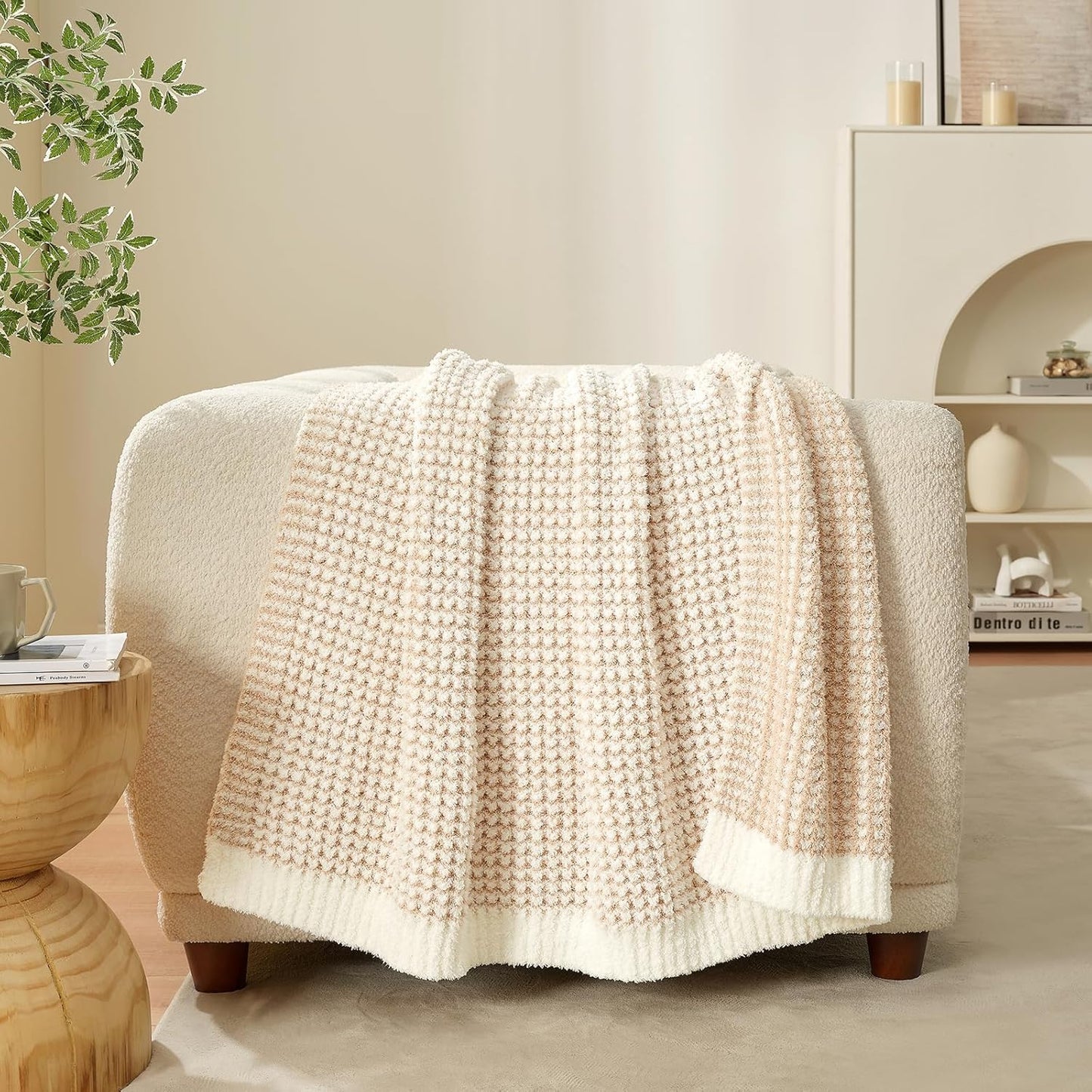 Snuggle Sac Cream Waffle Throw Blanket for Couch Bed Sofa 50x60 inches, Reversible Beige Blanket Microfiber Fluffy Fuzzy Cozy Knit Soft Throws for Women Mothers Birthday Gifts