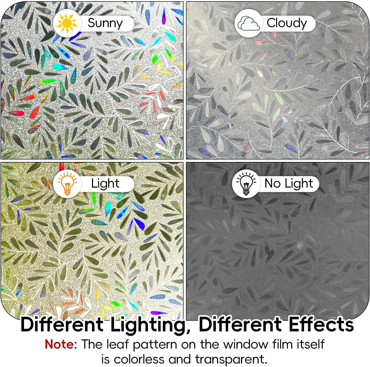 DUOFIRE Window Privacy Film Rainbow Window Film Decorative Leaves Pattern Window Cling Frosted Reusable Anti-UV Non-Adhesive Static Cling Privacy Film for Home Office 23.6 × 78.7 inches