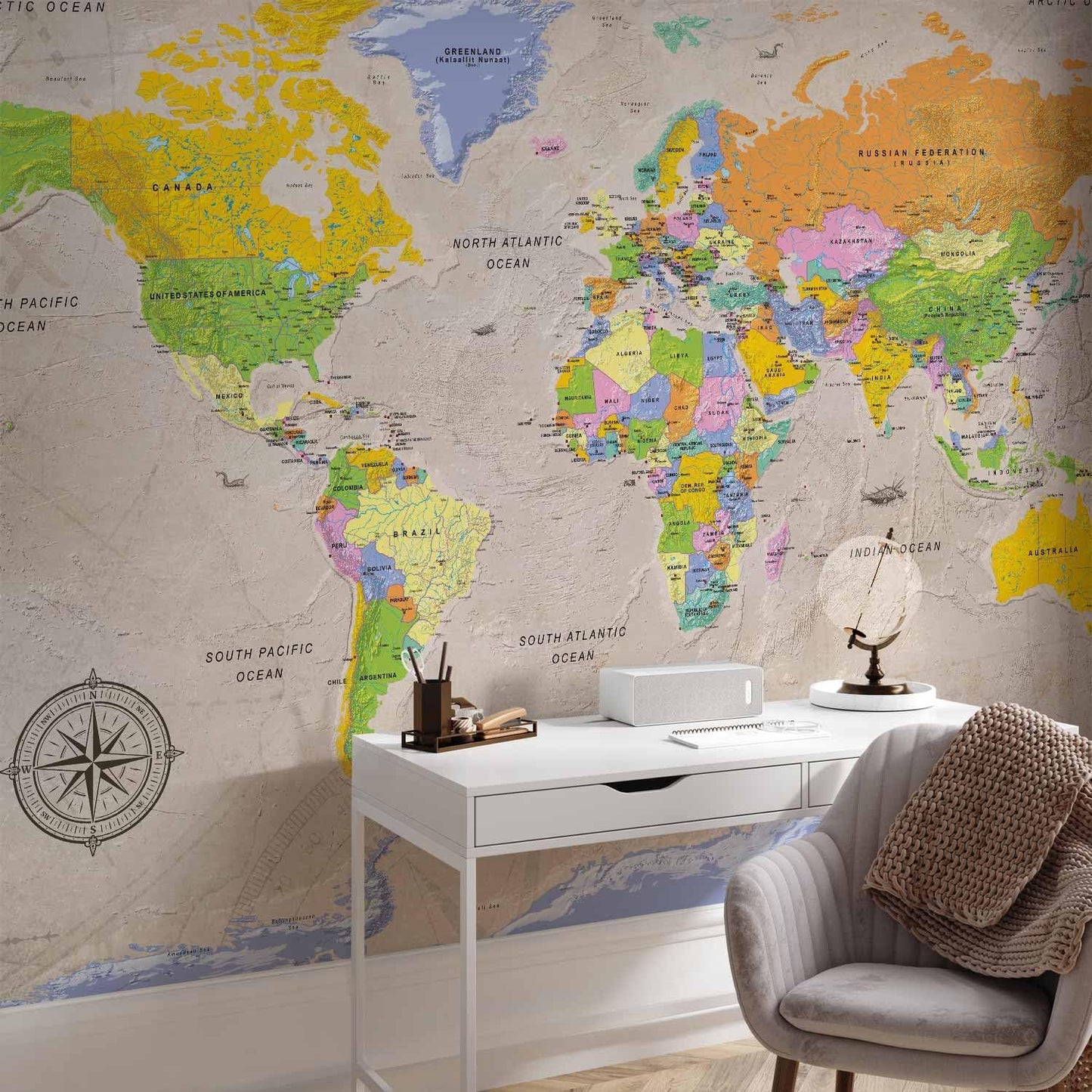 artgeist Premium Wall Mural World Map 118x83 in - XXL Non-Woven Wallpaper Fleece Wall Decor Photo Print Picture Image Design Home Map of The World k-A-0129-a-a