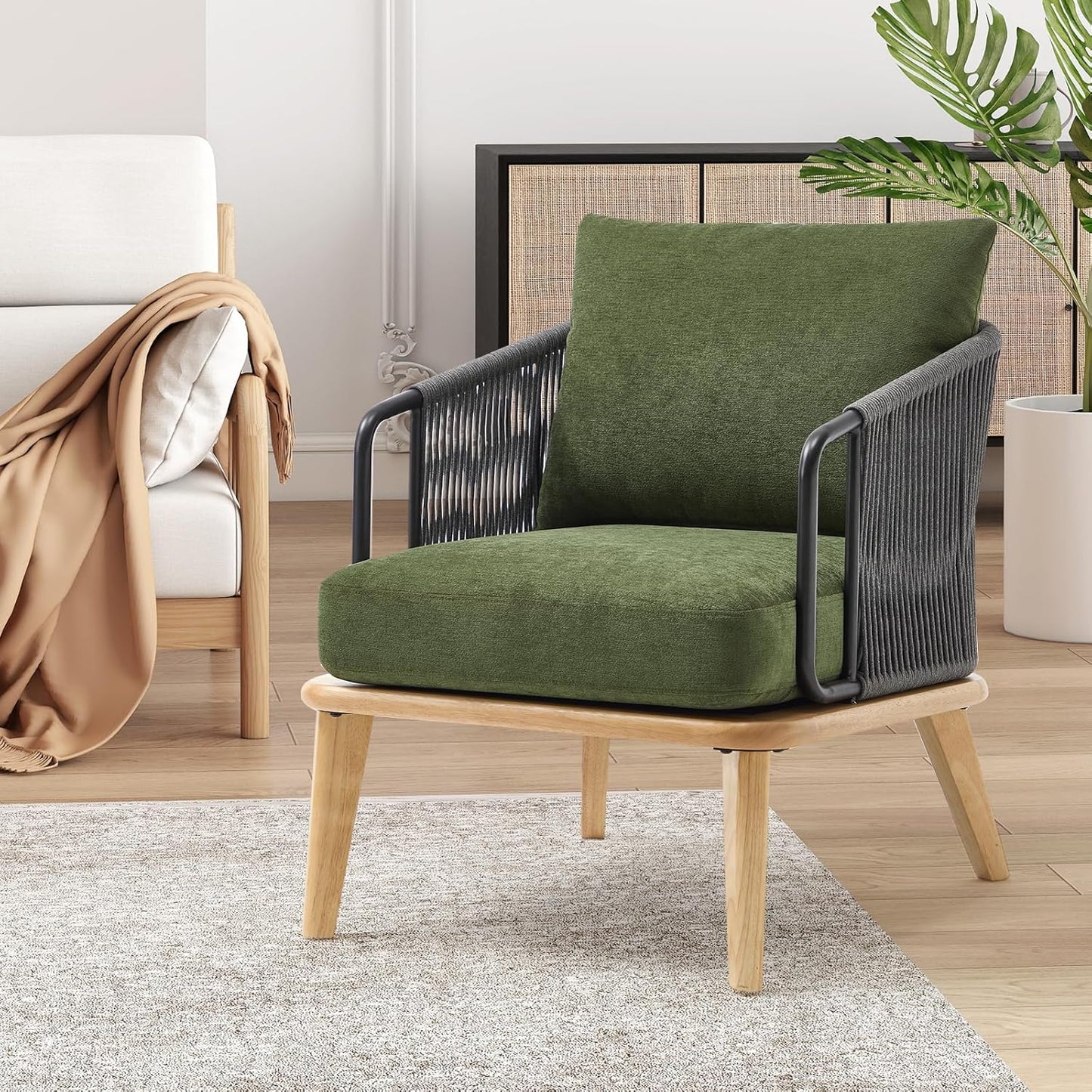 ANJ Accent Chair,Mid-Century Modern Reading Chair with Braid Armrests, Armchair for Living Room Bedroom Outdoor